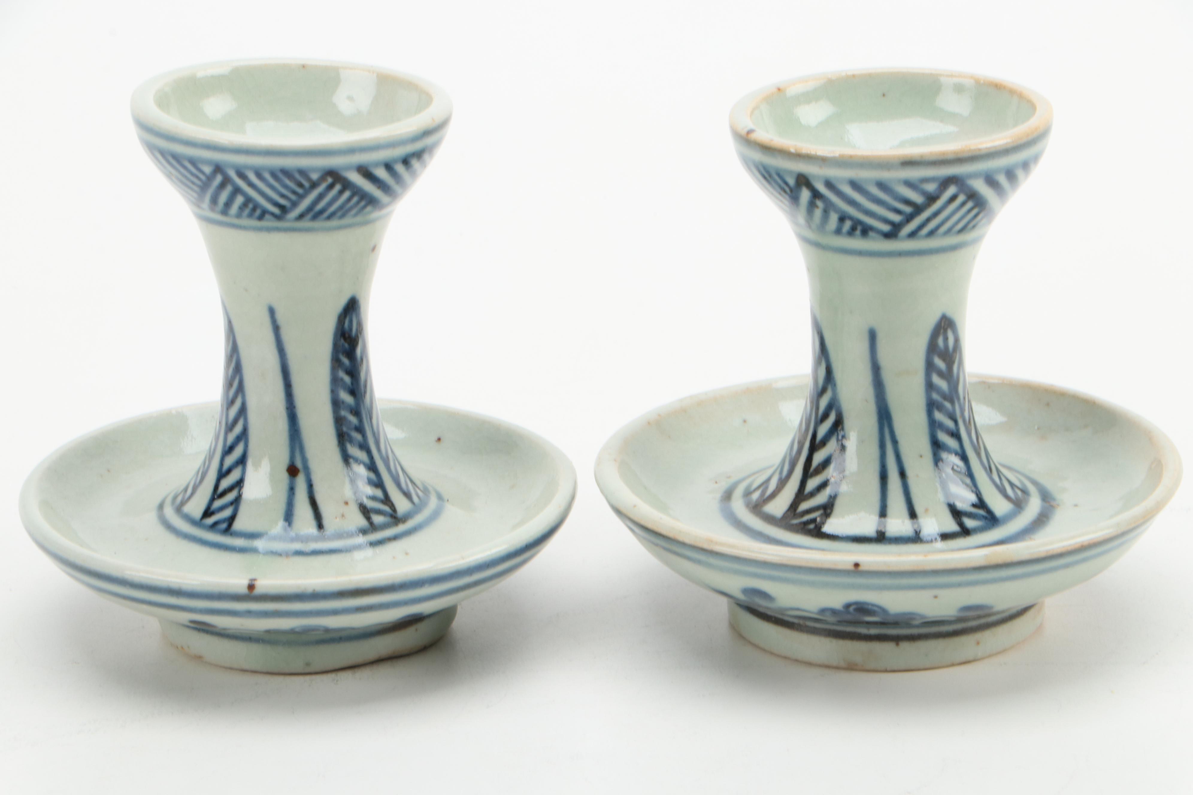 Chinese Blue and White Hand-Painted Porcelain Candle Holder Pair