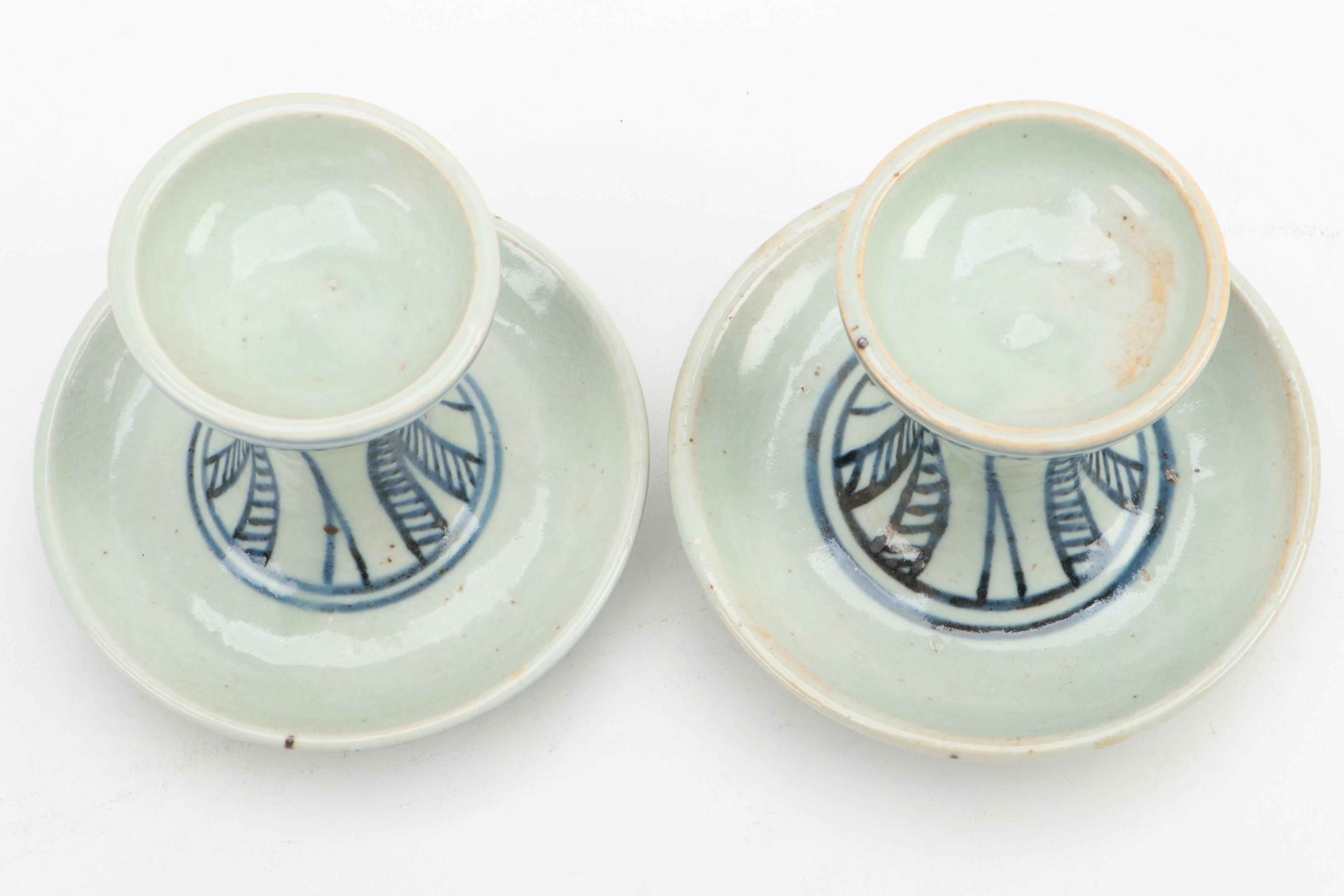 Chinese Blue and White Hand-Painted Porcelain Candle Holder Pair