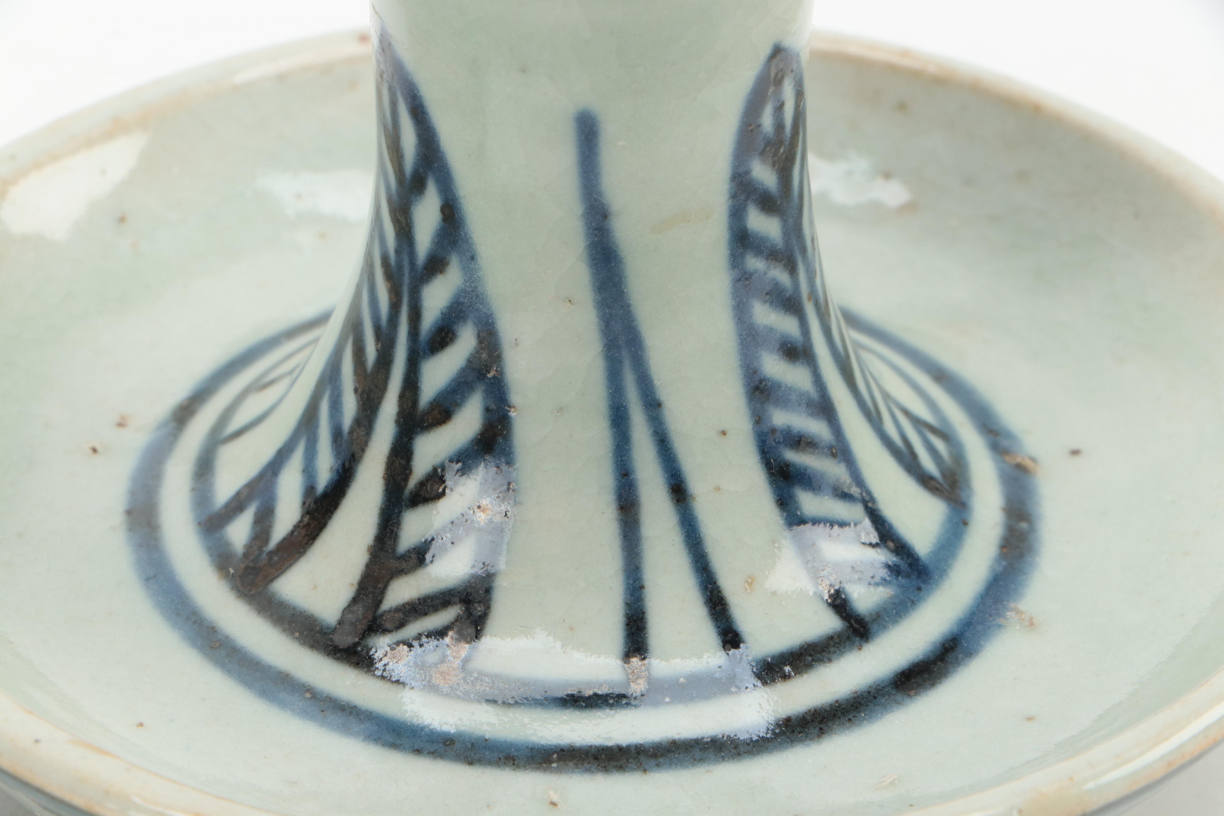 Chinese Blue and White Hand-Painted Porcelain Candle Holder Pair