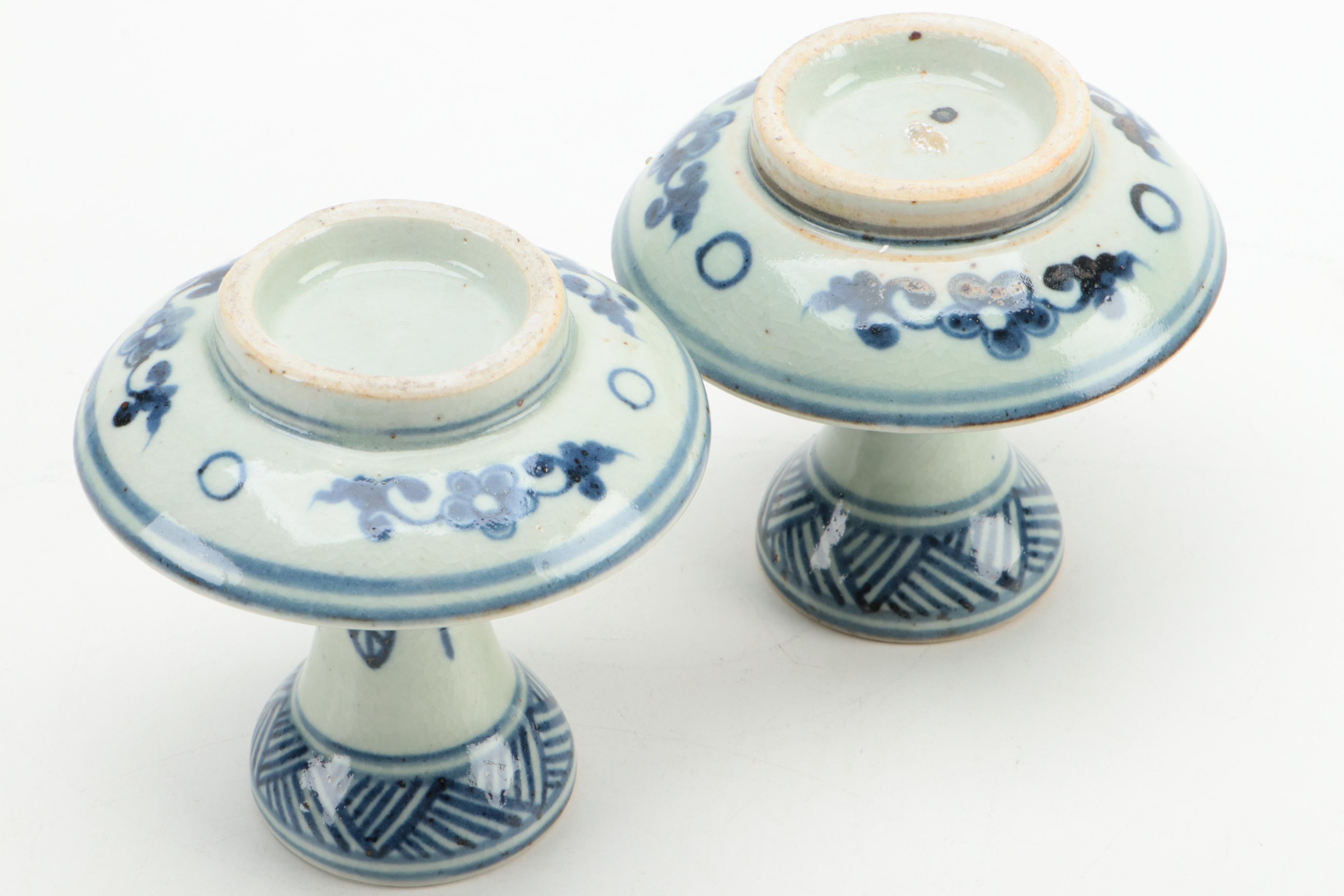 Chinese Blue and White Hand-Painted Porcelain Candle Holder Pair