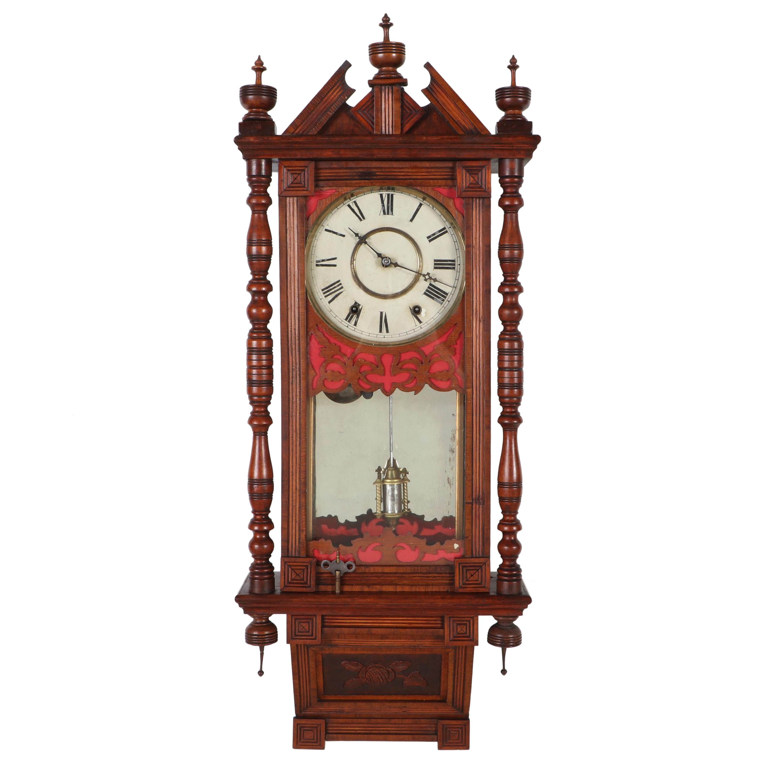 Late Victorian Turned and Carved Wooden Wall Clock, Late 19th Century