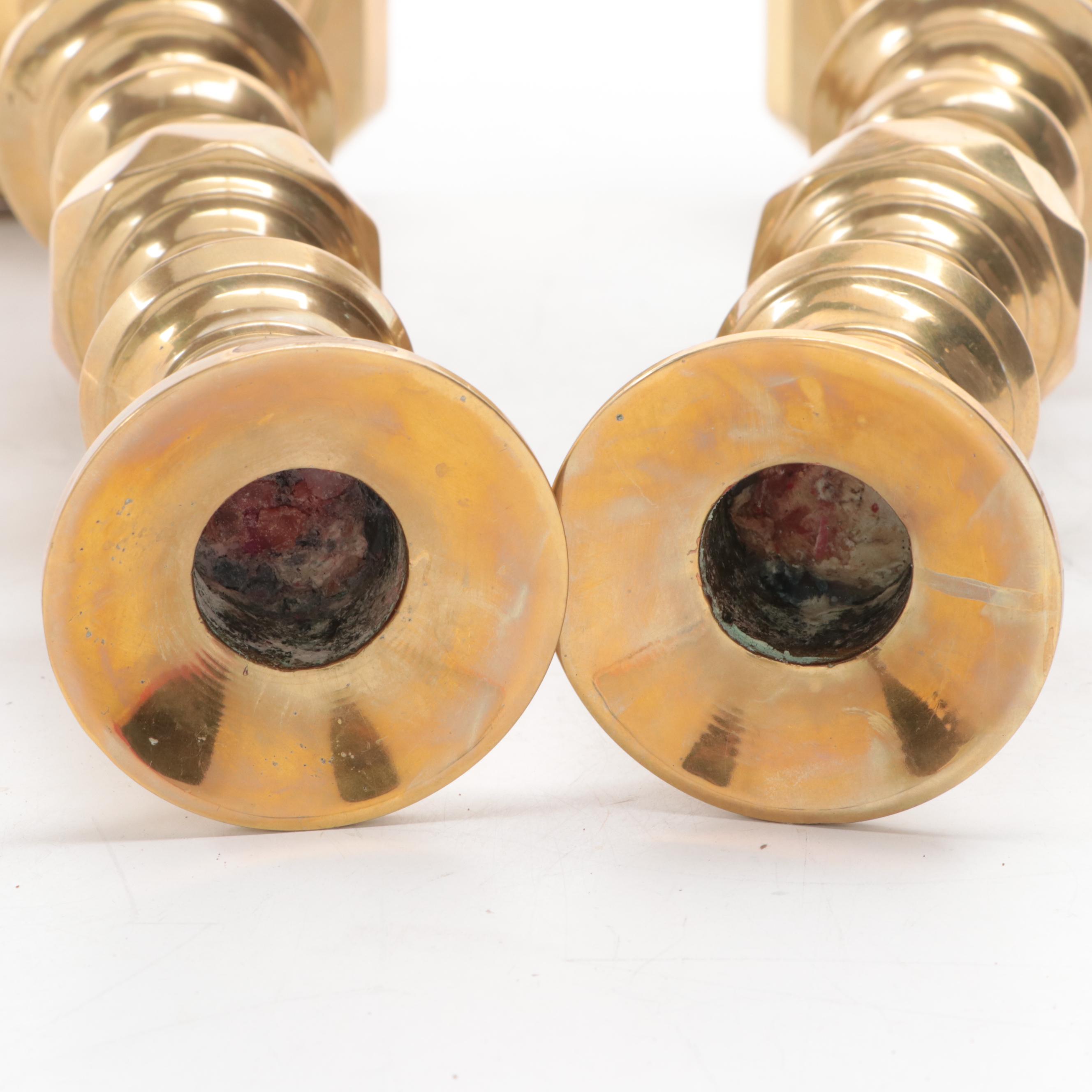 Pair of English Brass Beehive and Diamond Candlesticks, Late 19th Century