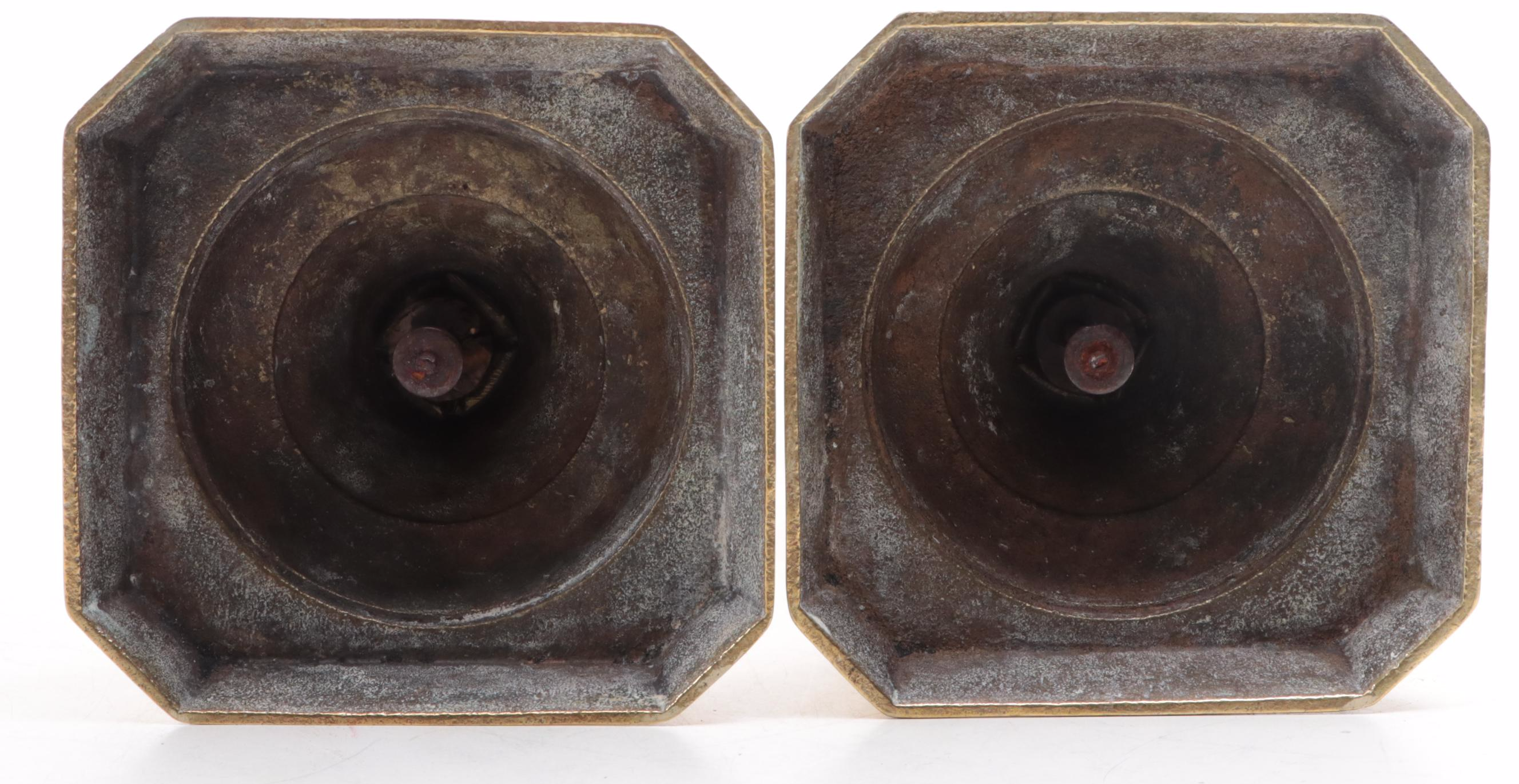 Pair of English Brass Beehive and Diamond Candlesticks, Late 19th Century