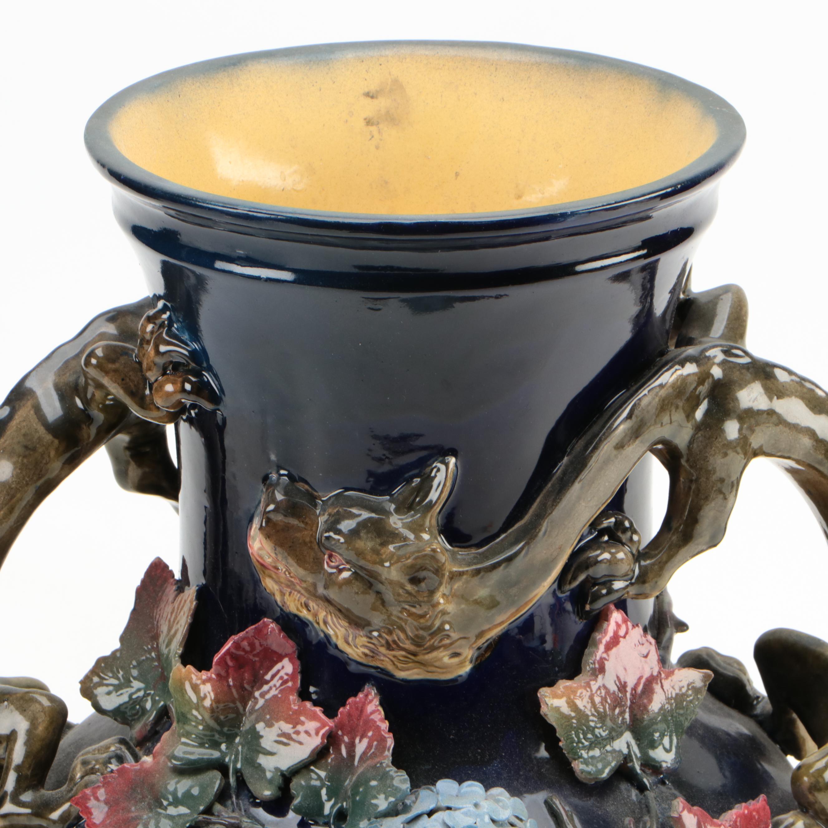 Barbotine Majolica Vase on Bronze Stand, Late 19th/ Early 20th Century