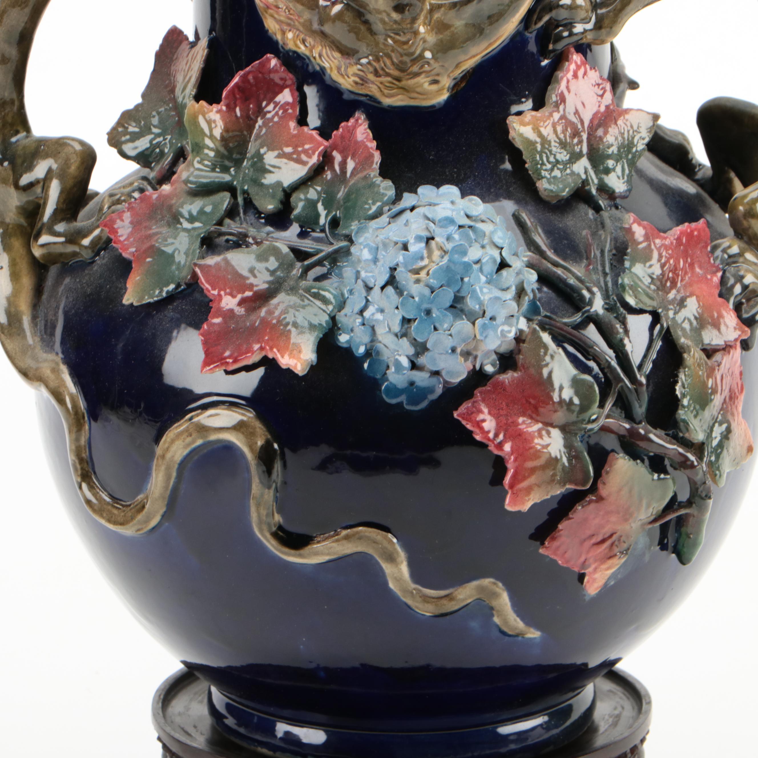 Barbotine Majolica Vase on Bronze Stand, Late 19th/ Early 20th Century