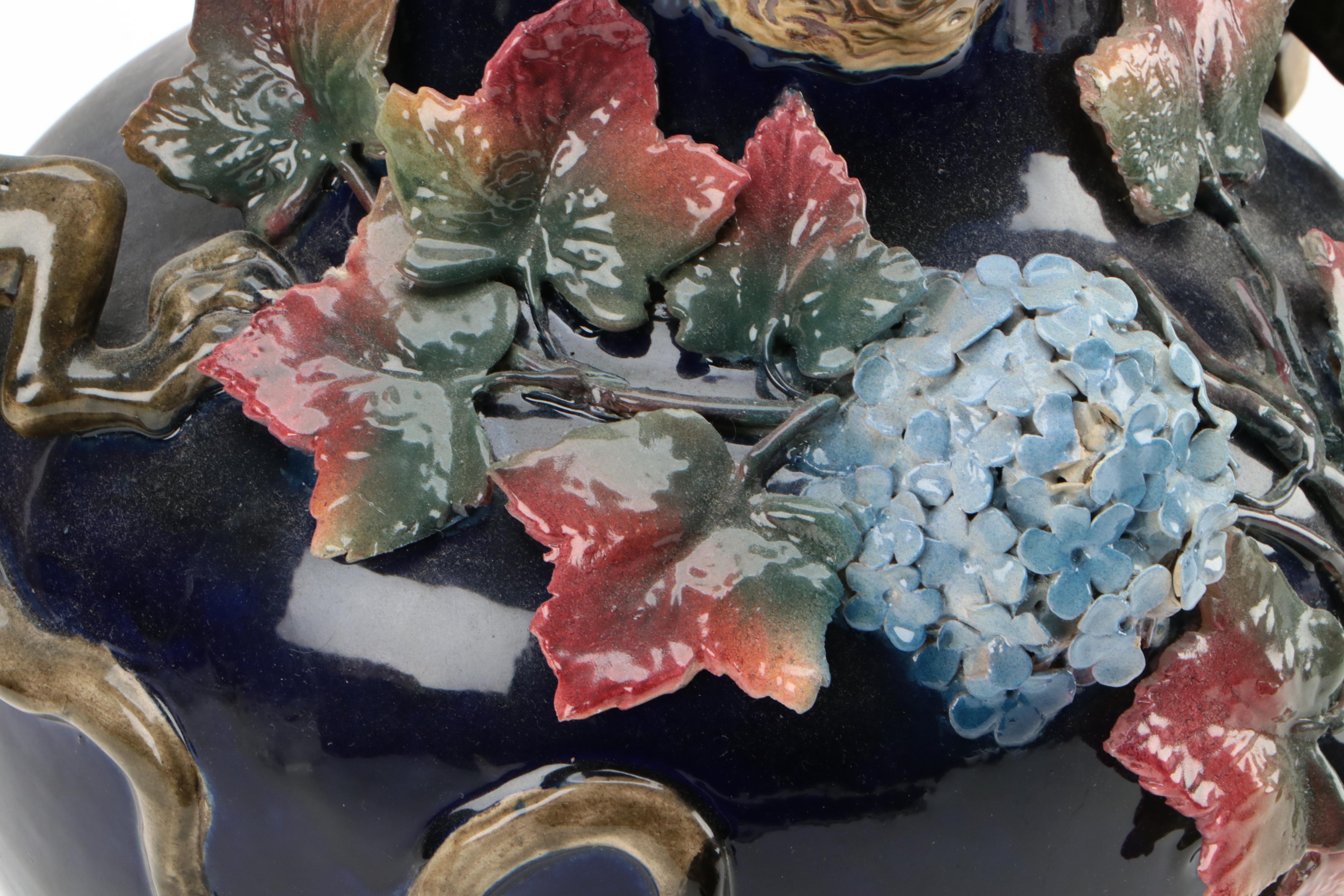 Barbotine Majolica Vase on Bronze Stand, Late 19th/ Early 20th Century