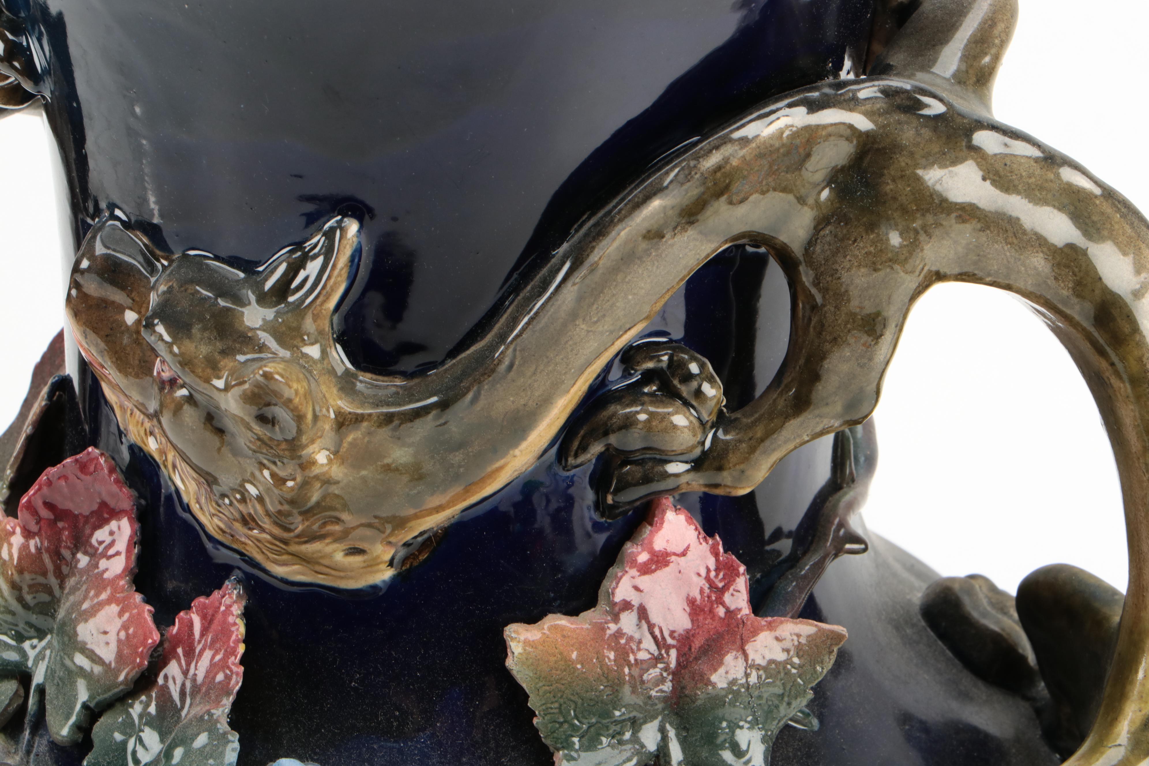 Barbotine Majolica Vase on Bronze Stand, Late 19th/ Early 20th Century