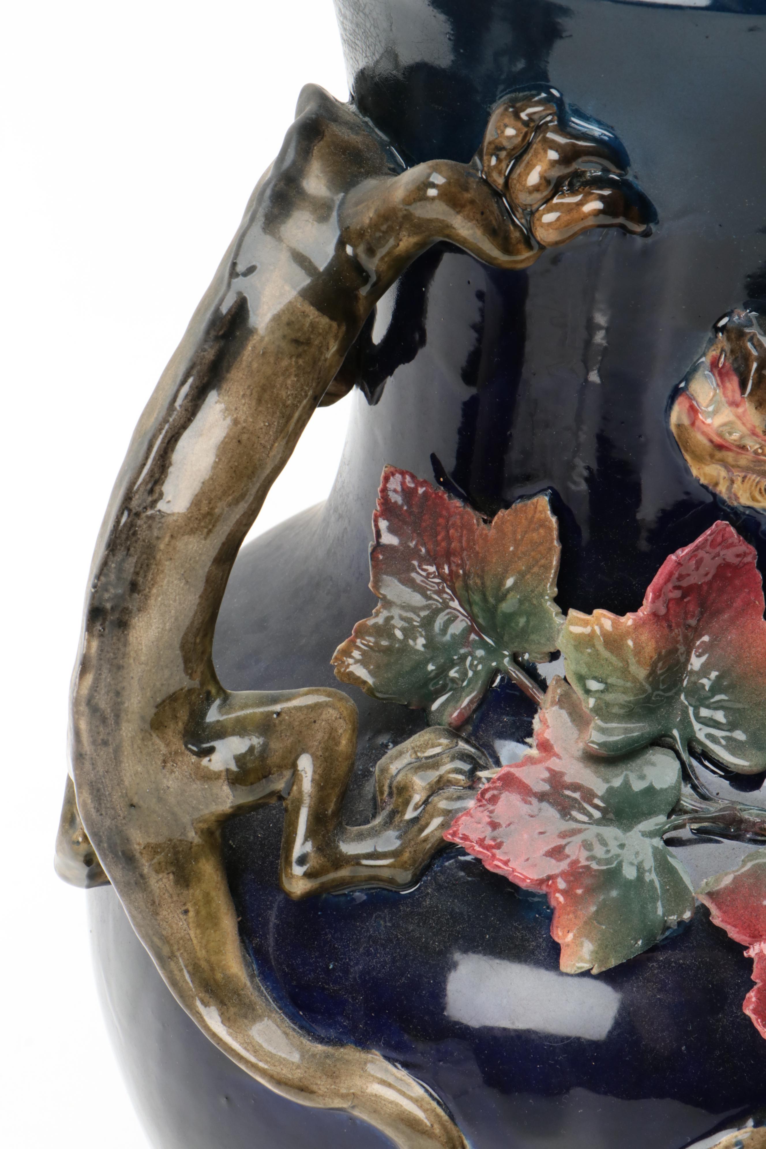 Barbotine Majolica Vase on Bronze Stand, Late 19th/ Early 20th Century