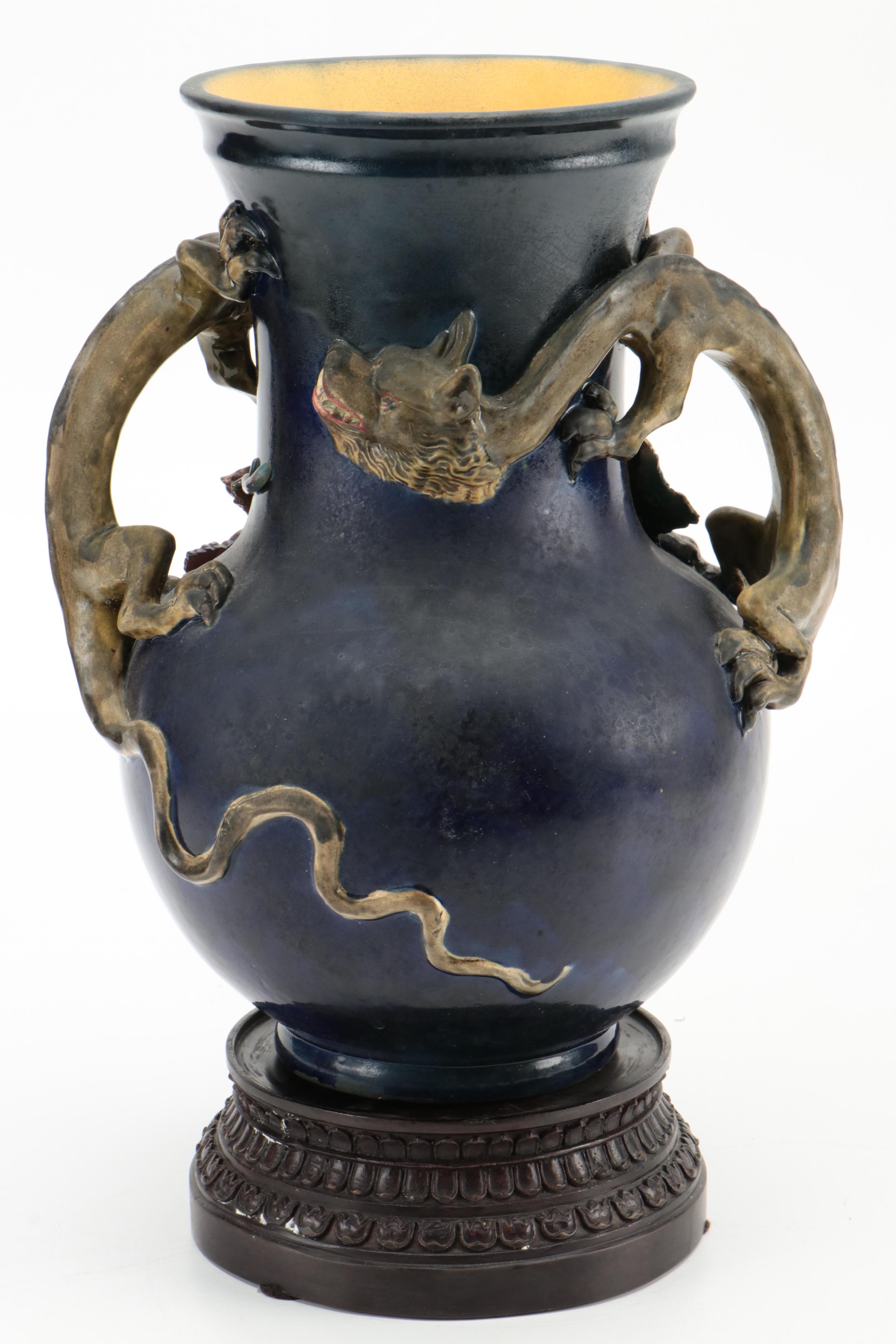 Barbotine Majolica Vase on Bronze Stand, Late 19th/ Early 20th Century