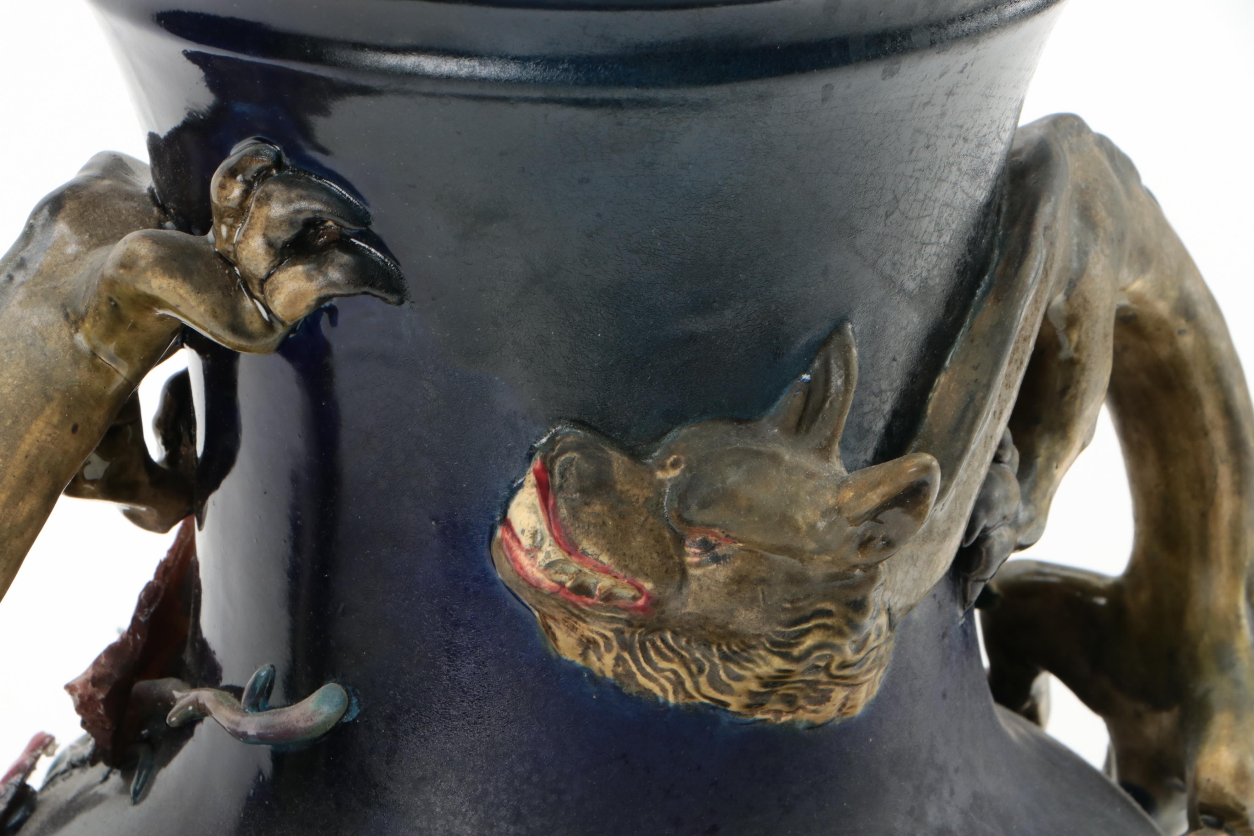 Barbotine Majolica Vase on Bronze Stand, Late 19th/ Early 20th Century