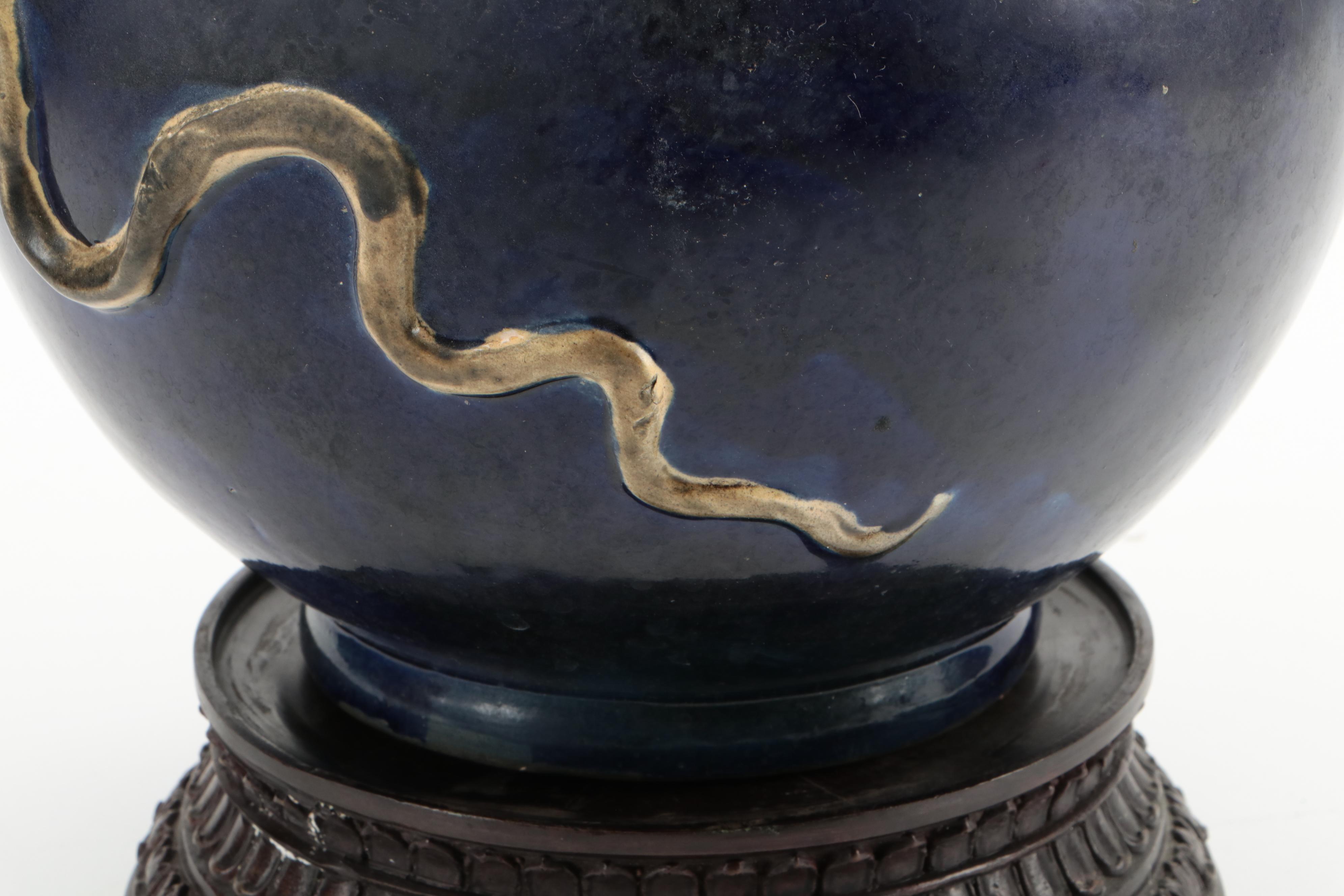 Barbotine Majolica Vase on Bronze Stand, Late 19th/ Early 20th Century