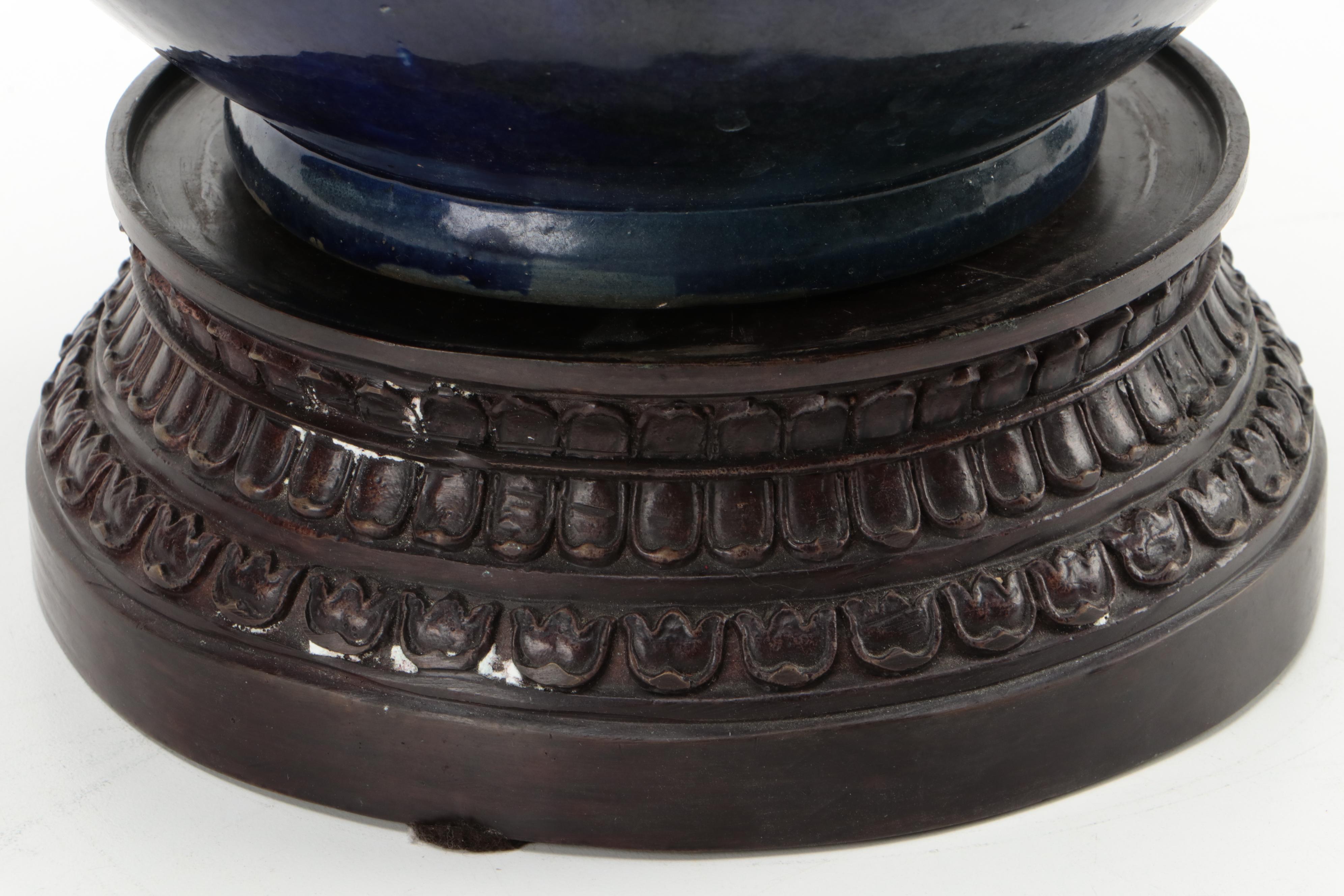 Barbotine Majolica Vase on Bronze Stand, Late 19th/ Early 20th Century