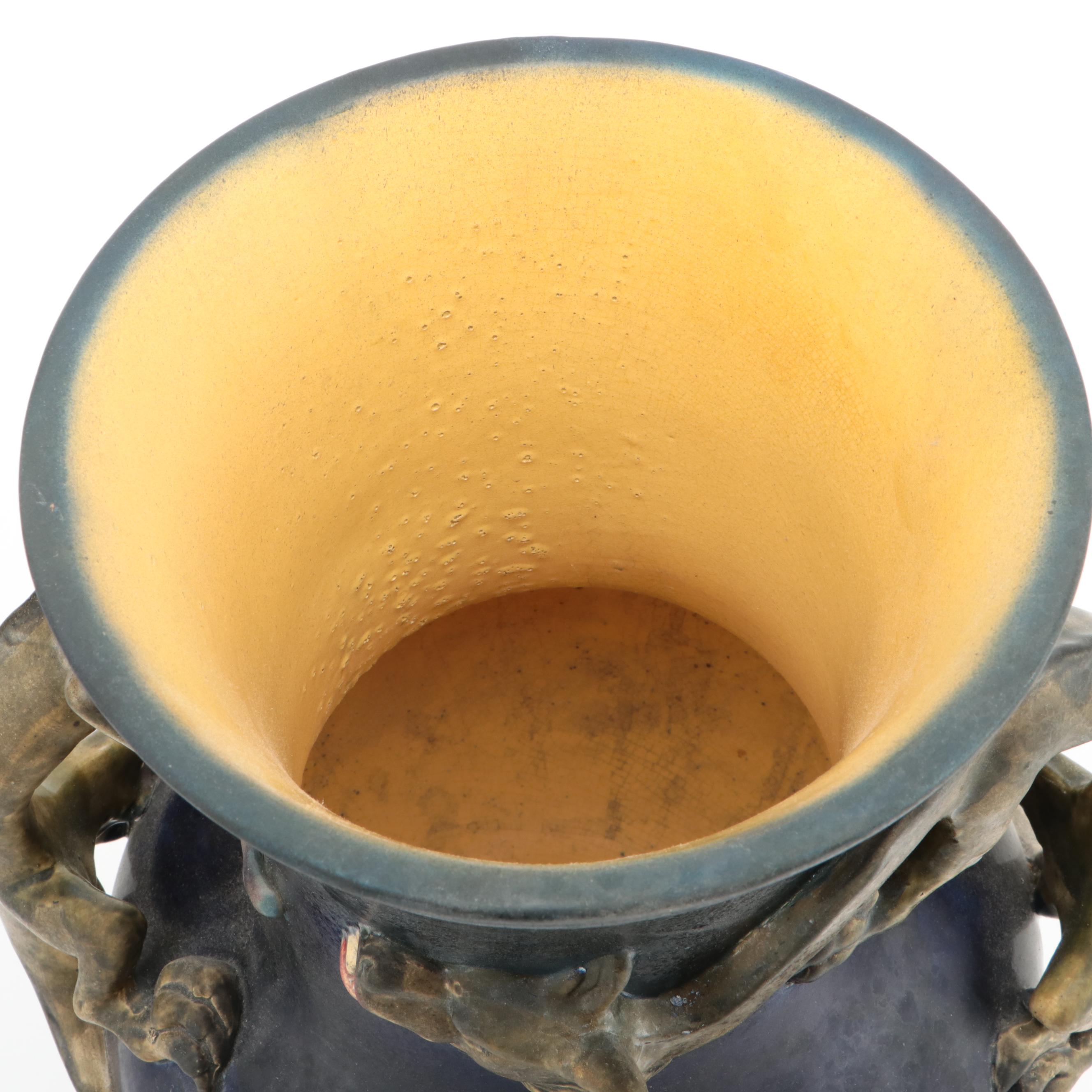 Barbotine Majolica Vase on Bronze Stand, Late 19th/ Early 20th Century