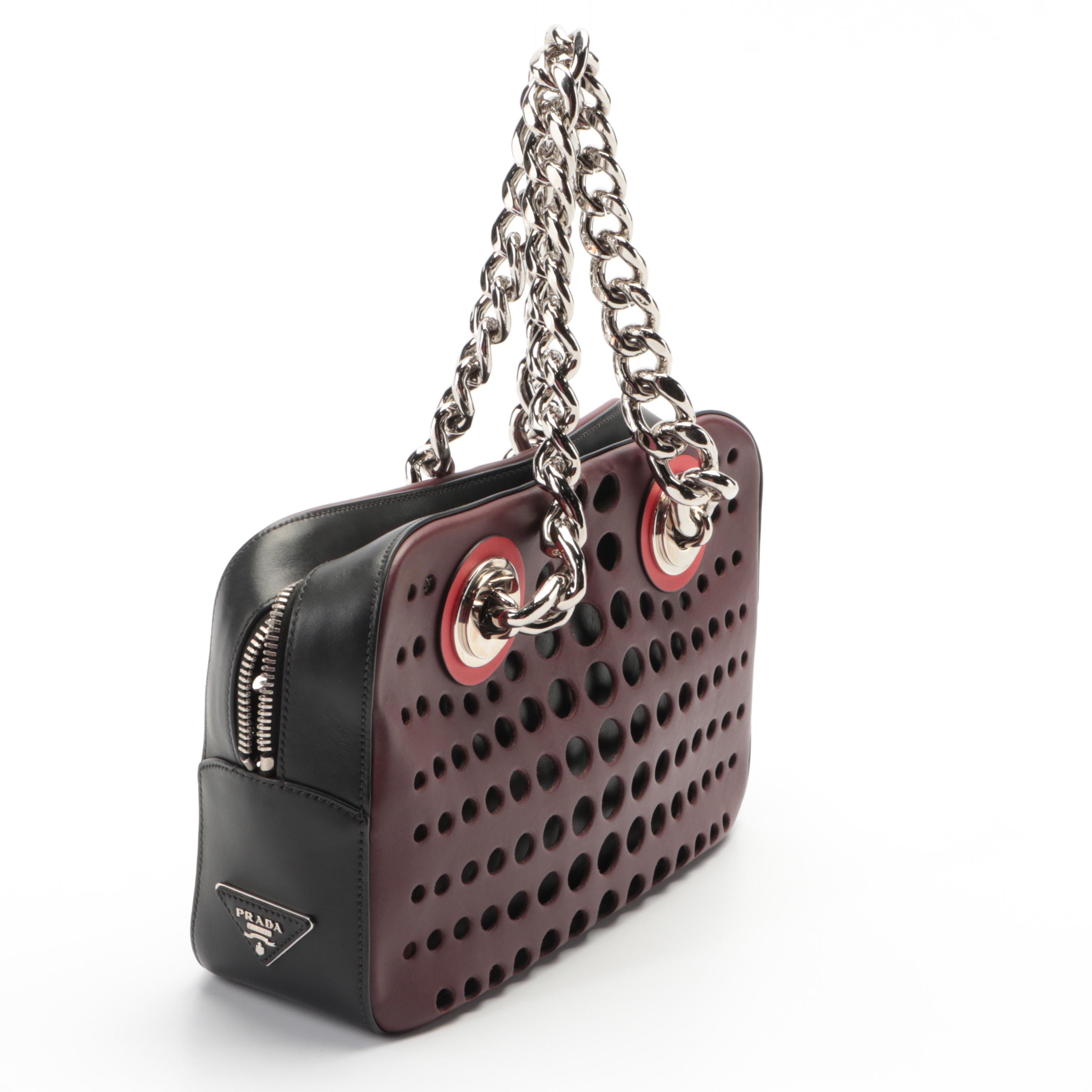 Prada Perforated Leather Grommet Chain Shoulder Bag