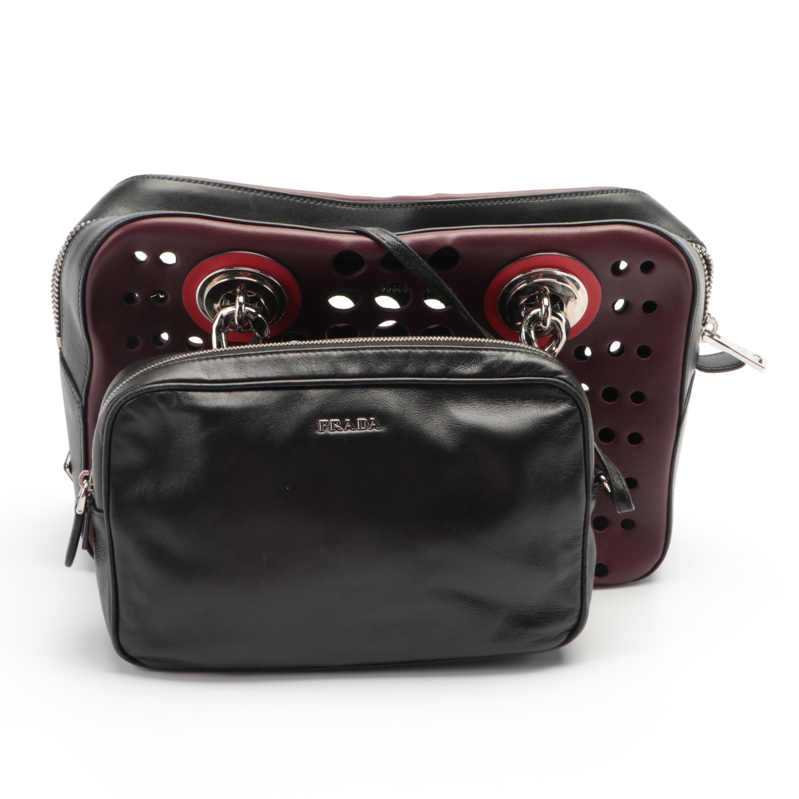Prada Perforated Leather Grommet Chain Shoulder Bag