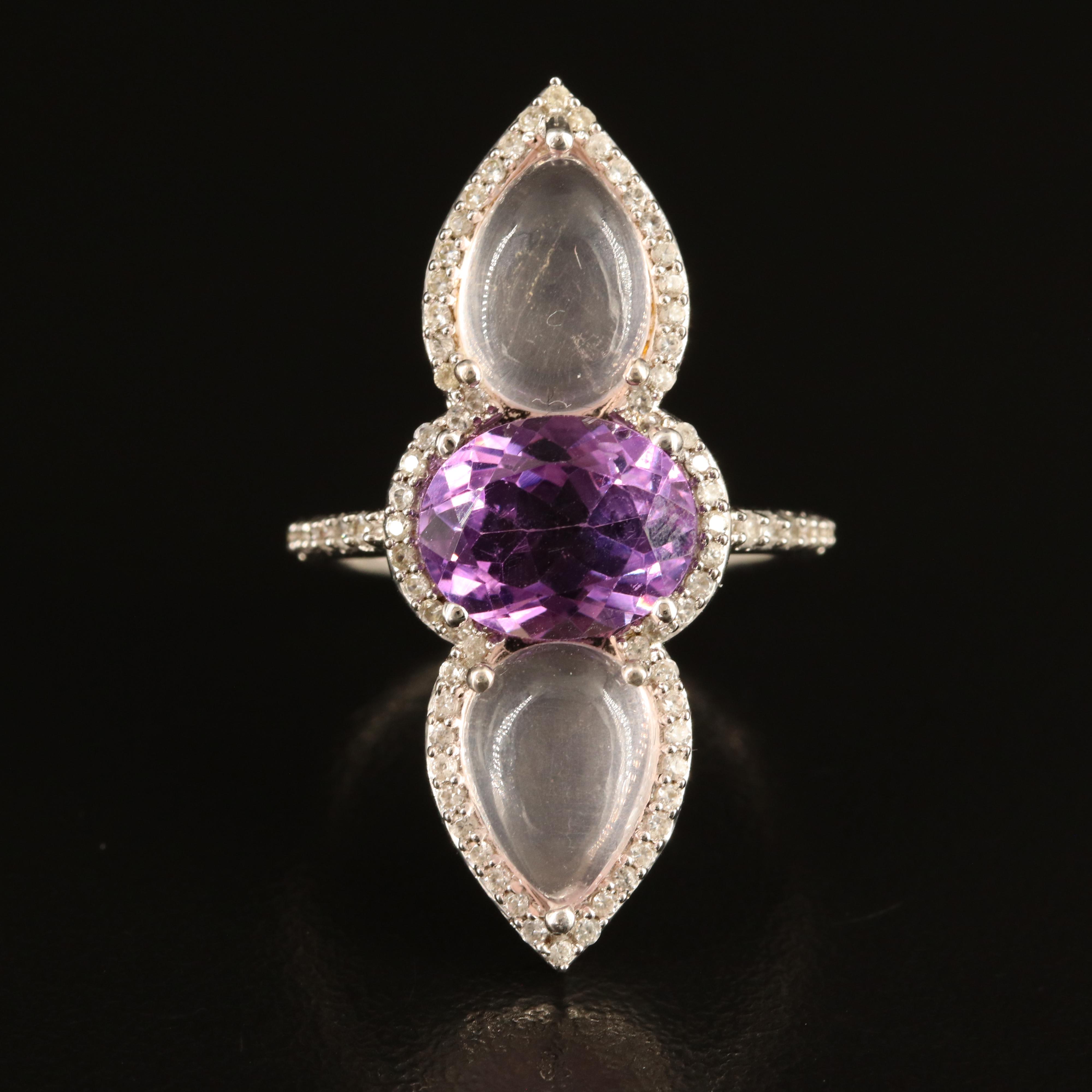 Sterling Amethyst, Rose Quartz and White Zircon Ring