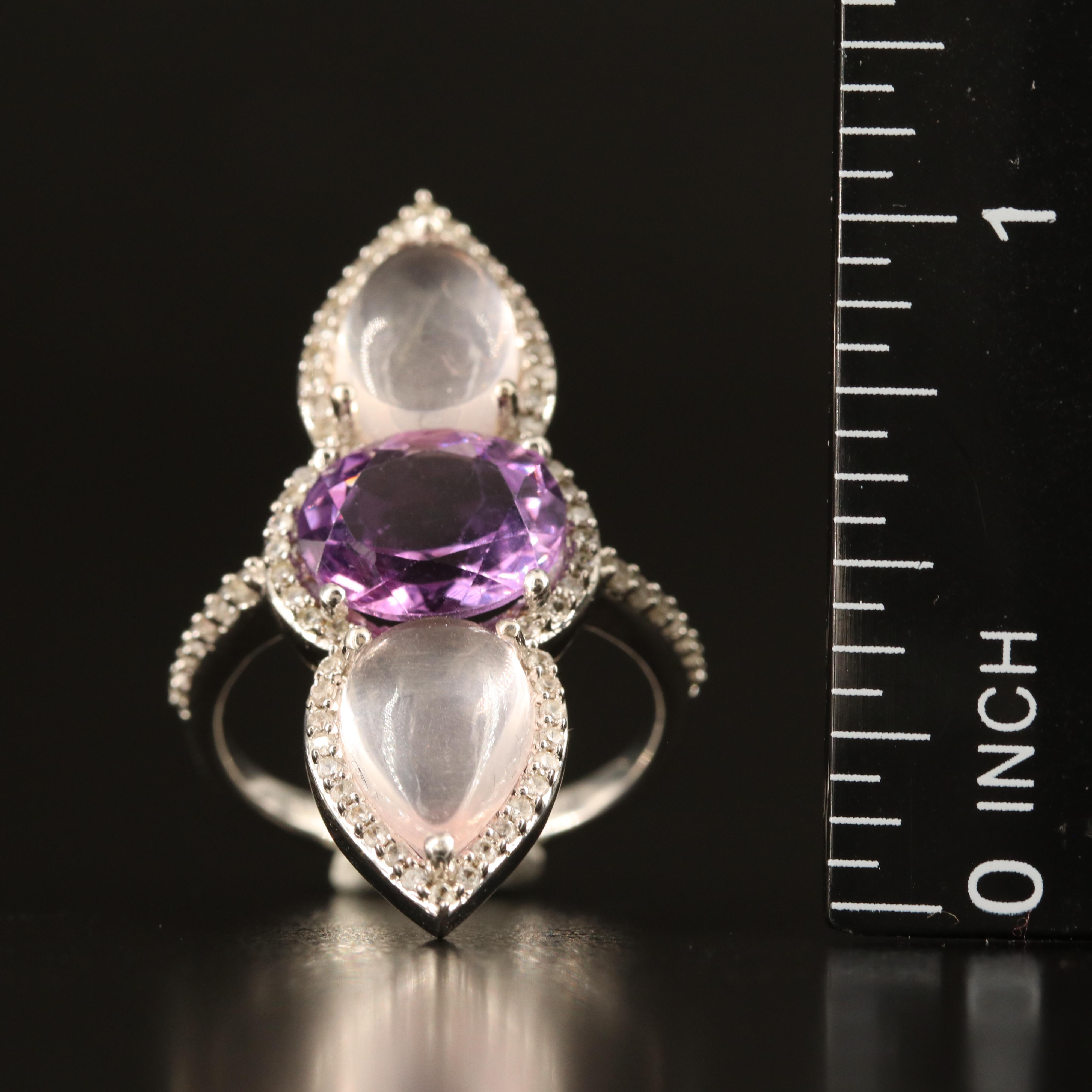 Sterling Amethyst, Rose Quartz and White Zircon Ring