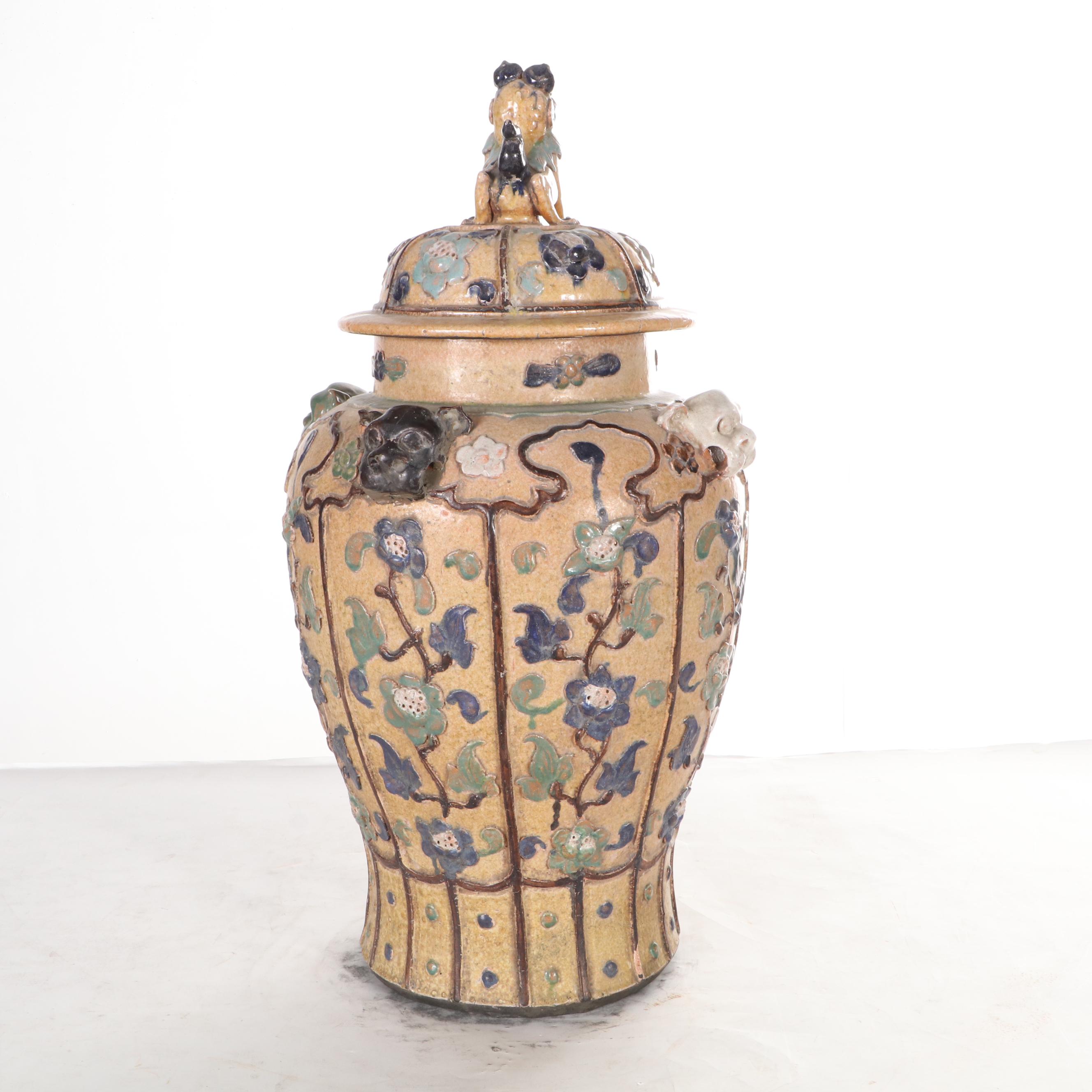 Chinese Sancai Glazed Ceramic Temple Jar with Applied Decorations