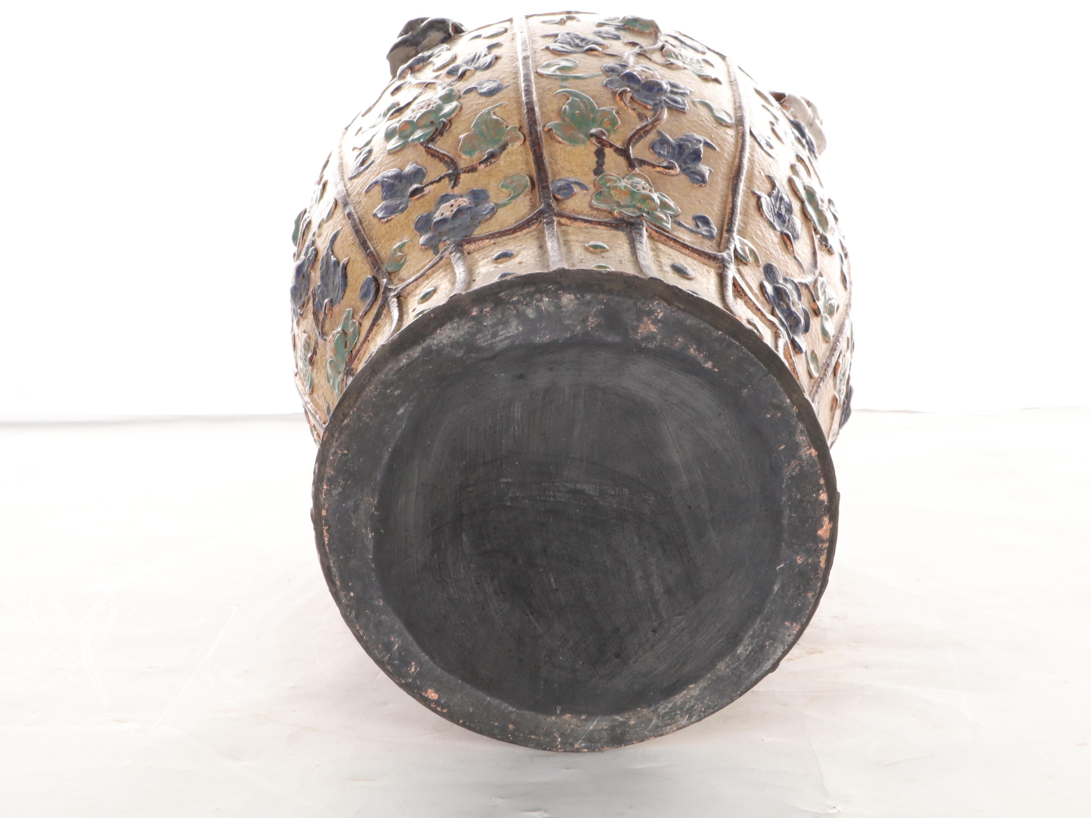 Chinese Sancai Glazed Ceramic Temple Jar with Applied Decorations