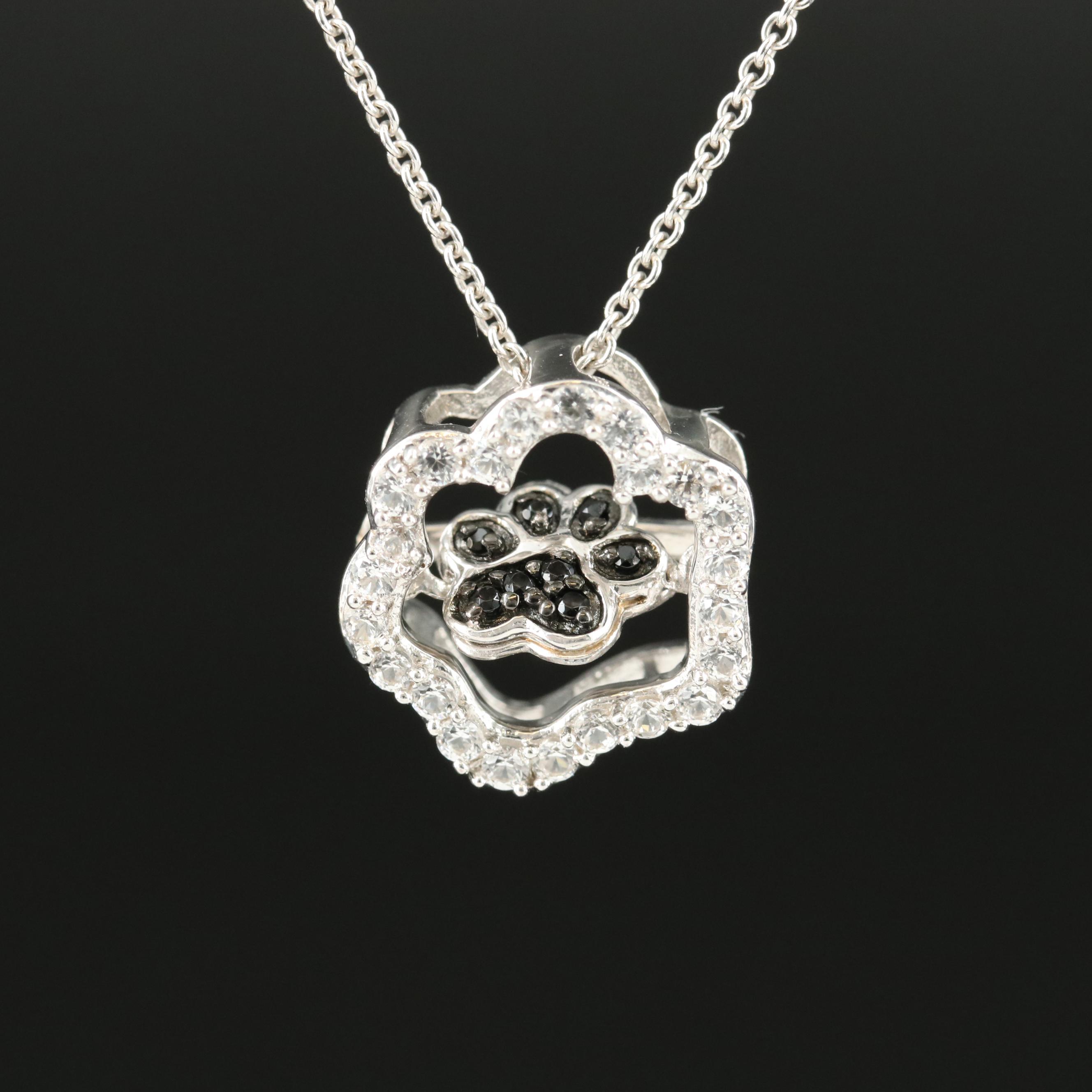 Sterling White Sapphire and Cubic Zirconia Paw Print Shimmer Pendant Necklace