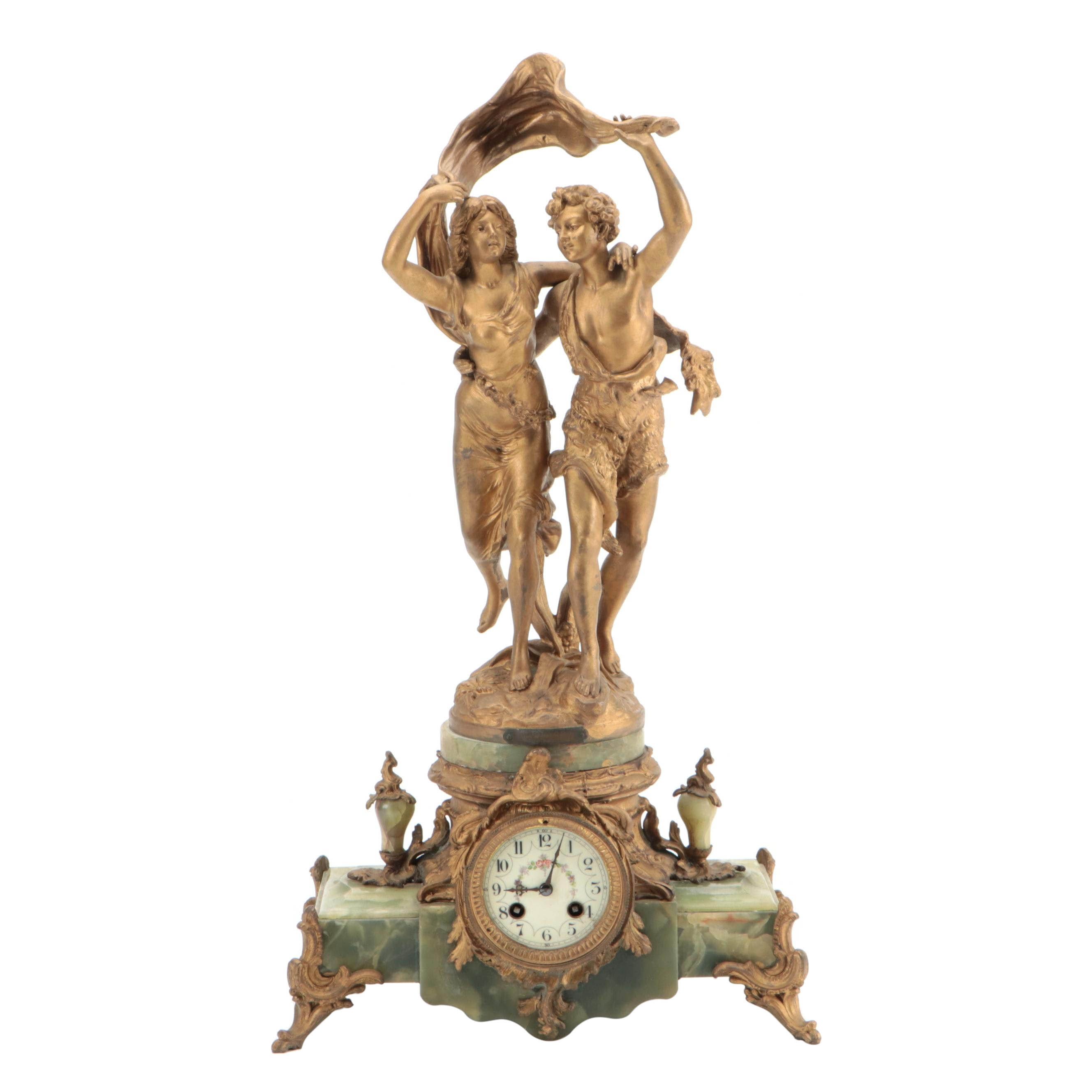 French Green Onyx and Ormolu Mounted Mantel Clock after Bruchon "The Storm"