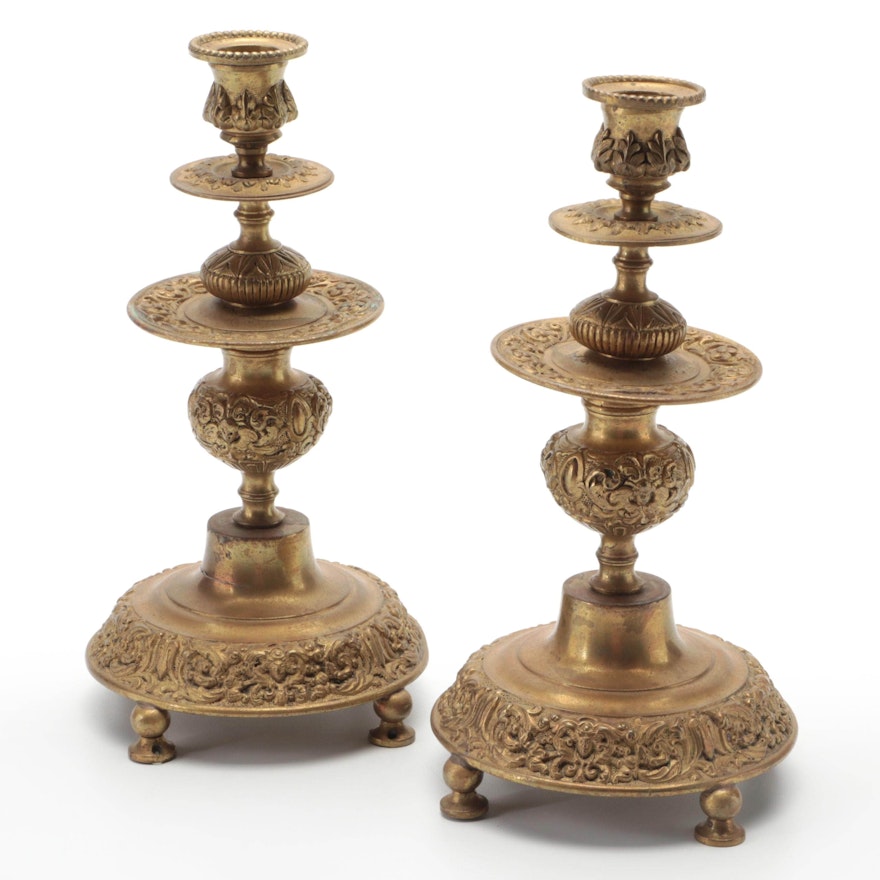 Continental European Baroque Revival Brass Altar Candlestick Pair