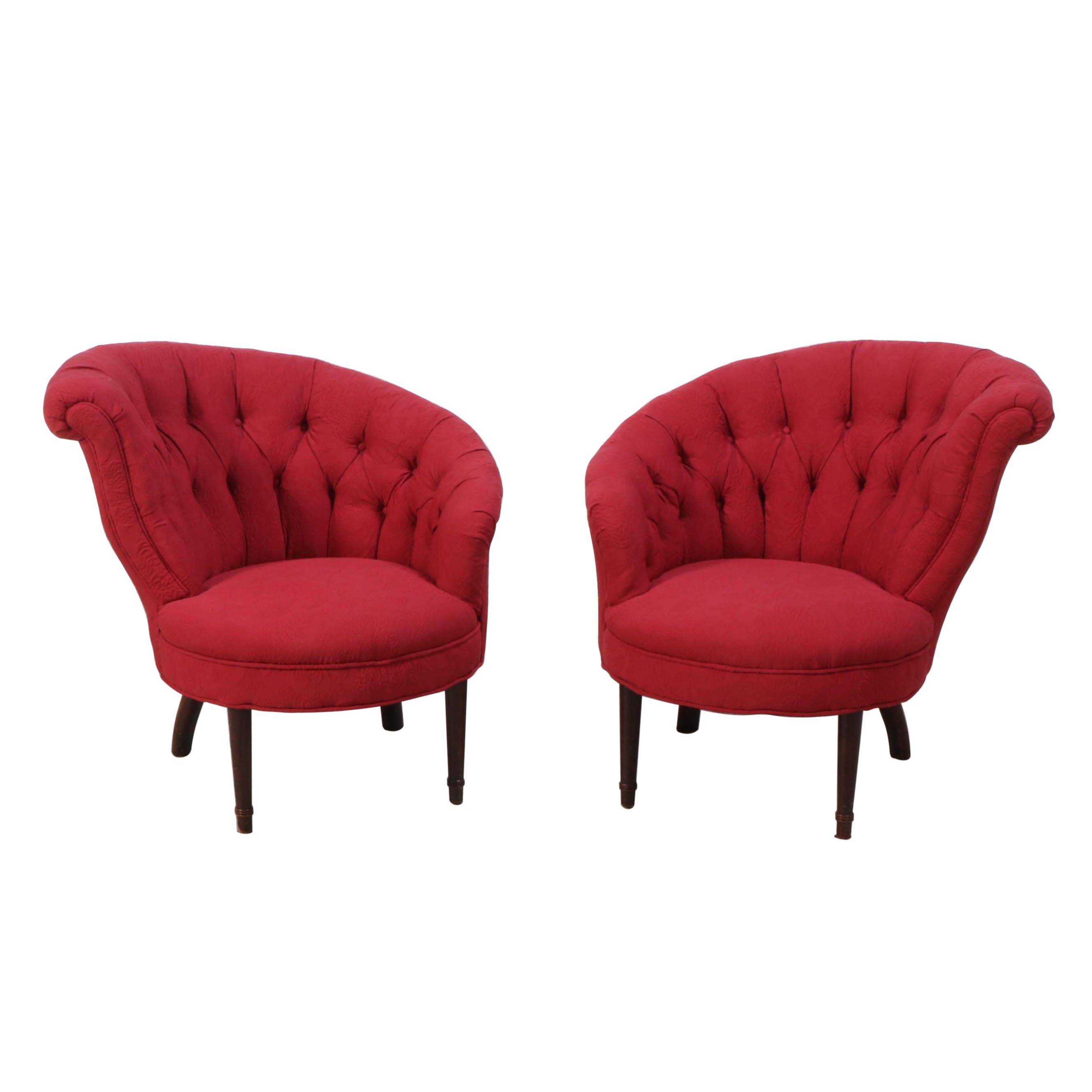 Pair of Hollywood Regency Style Mahogany & Buttoned-Down Asymmetrical Tub Chairs