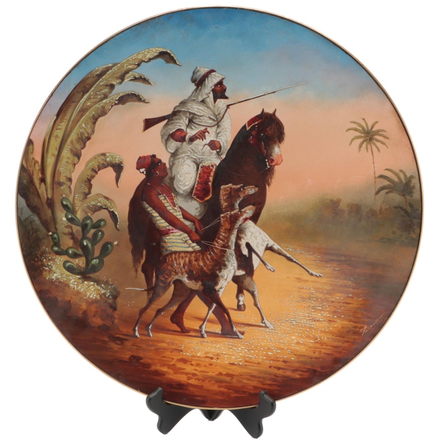 European Orientalist Style Hand-Painted Porcelain Cabinet Plate with Stand