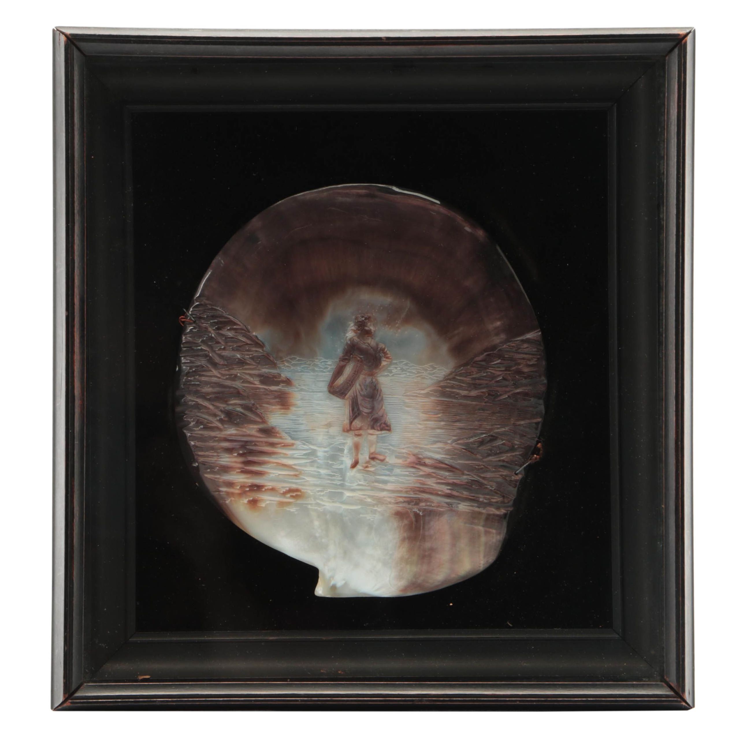 Carved Shell Relief Seascape with Fisherwoman in Shadowbox Frame
