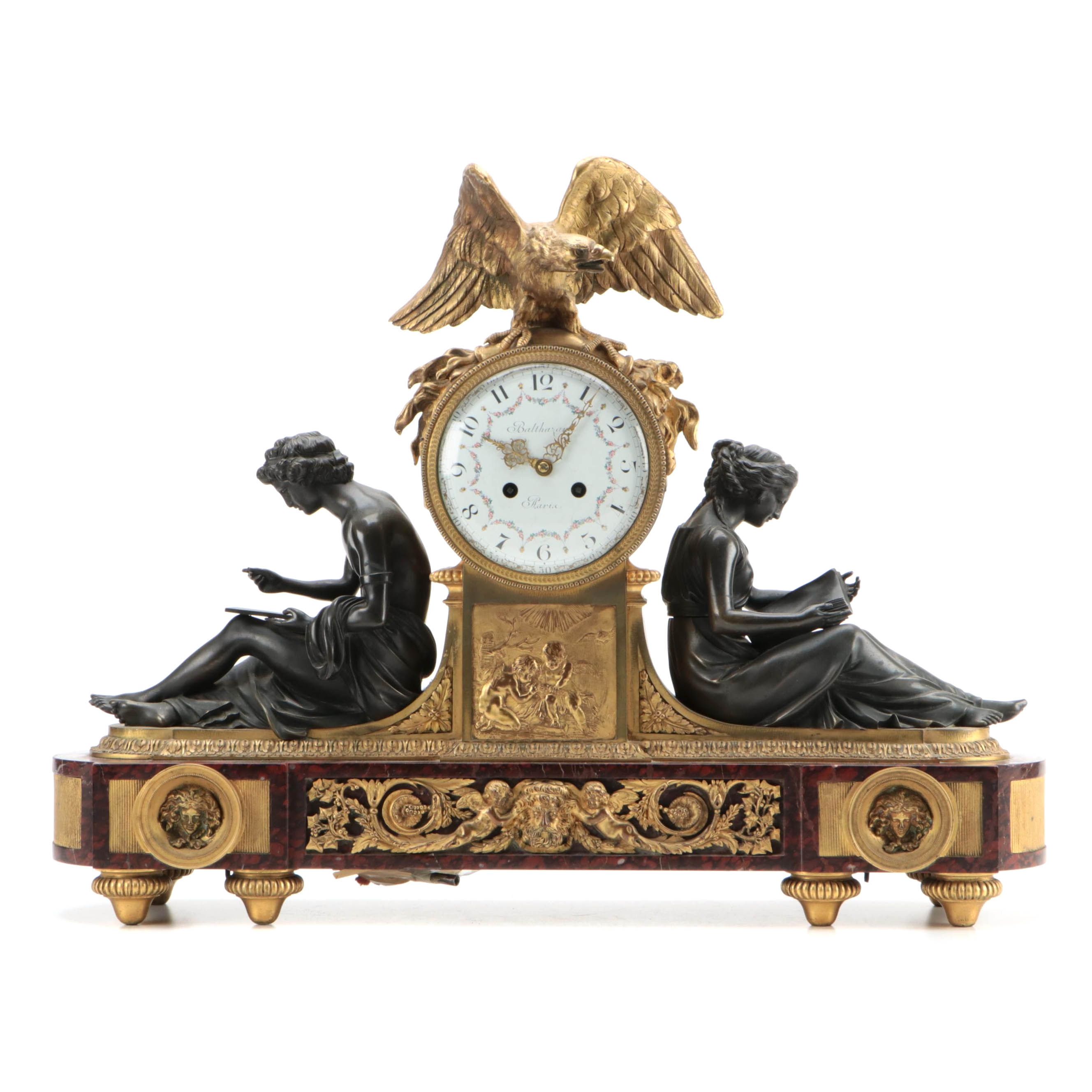 French Louis XVI Style Gilt Bronze, Bronze and Marble Allegorical Mantel Clock