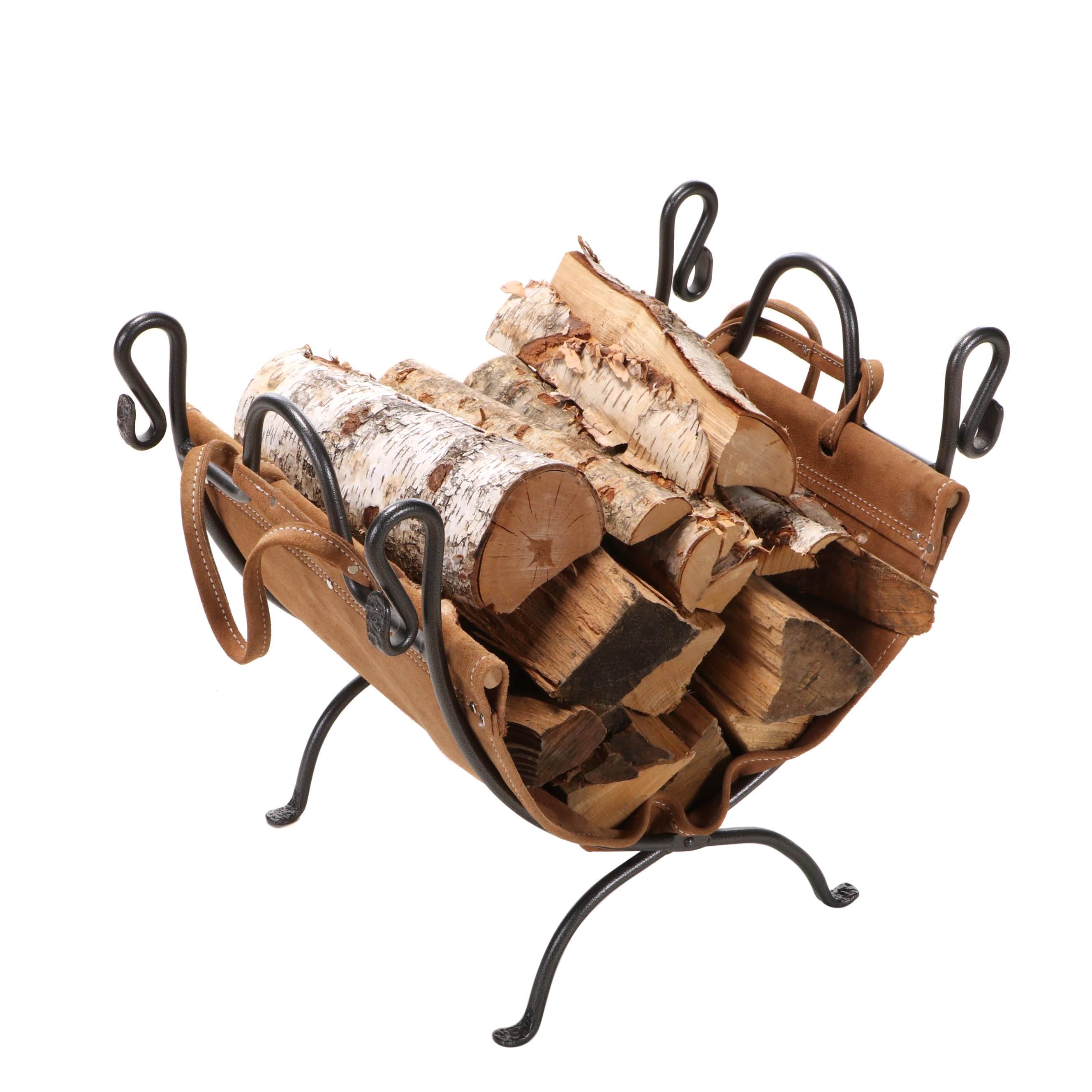 Leather and Wrought Iron Firewood Log Carrier and Stand