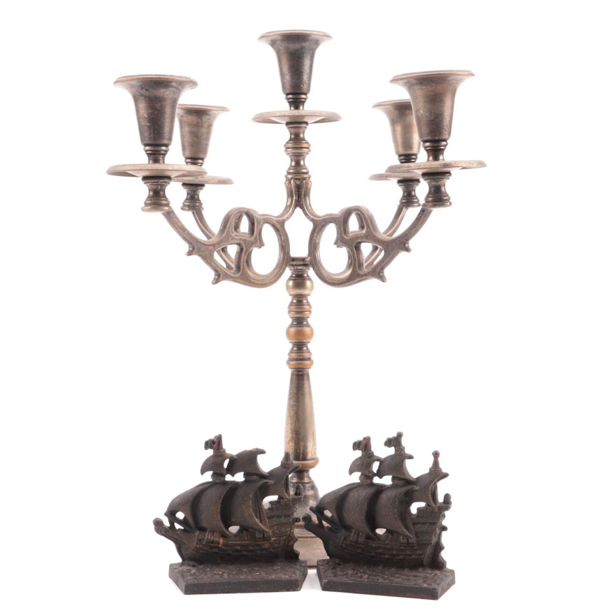 D.W. Haber & Son Silver Plate Candelabra and Pair of Cast Iron Galleon Doorstops