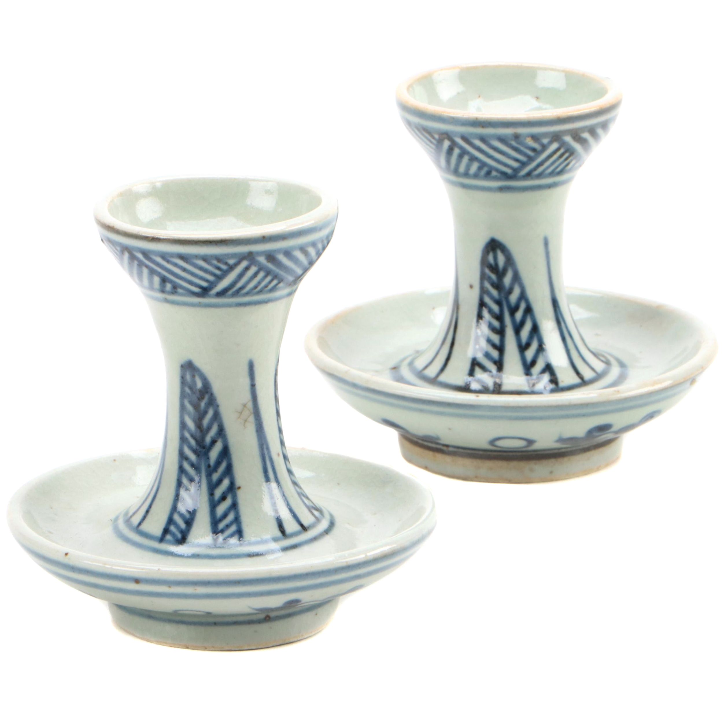 Chinese Blue and White Hand-Painted Porcelain Candle Holder Pair