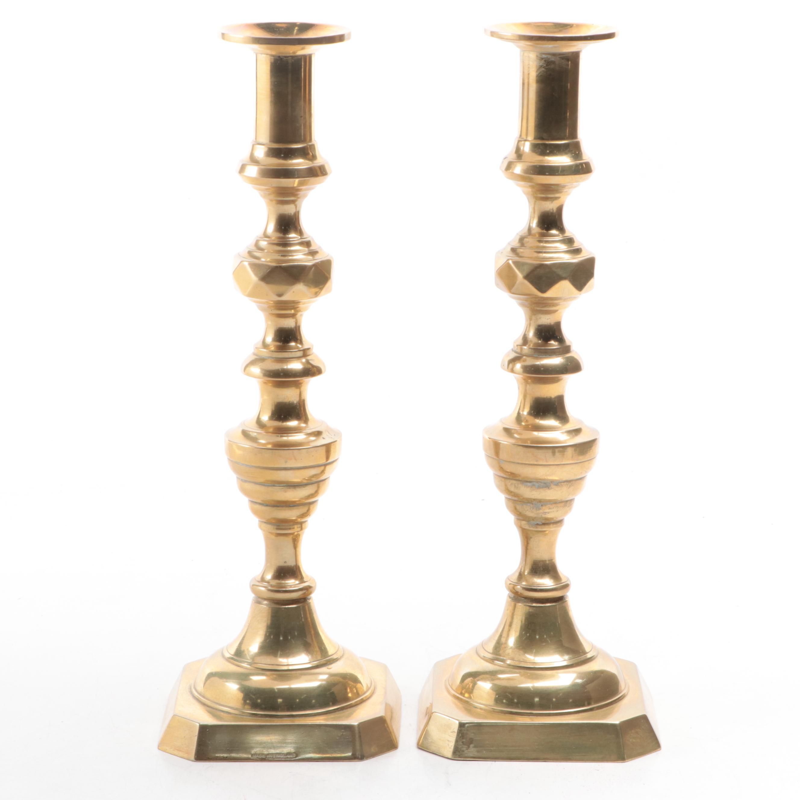 Pair of English Brass Beehive and Diamond Candlesticks, Late 19th Century