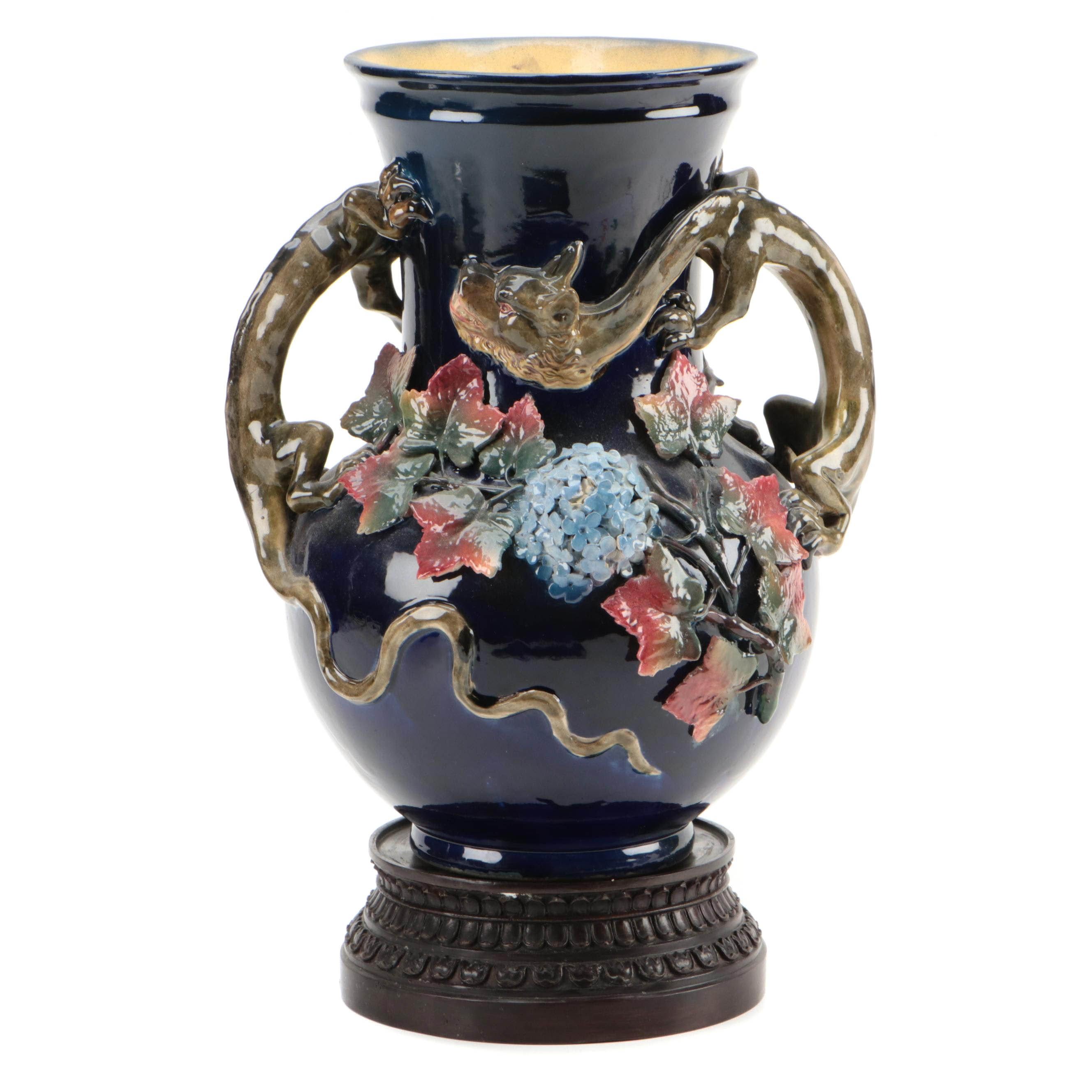 Barbotine Majolica Vase on Bronze Stand, Late 19th/ Early 20th Century