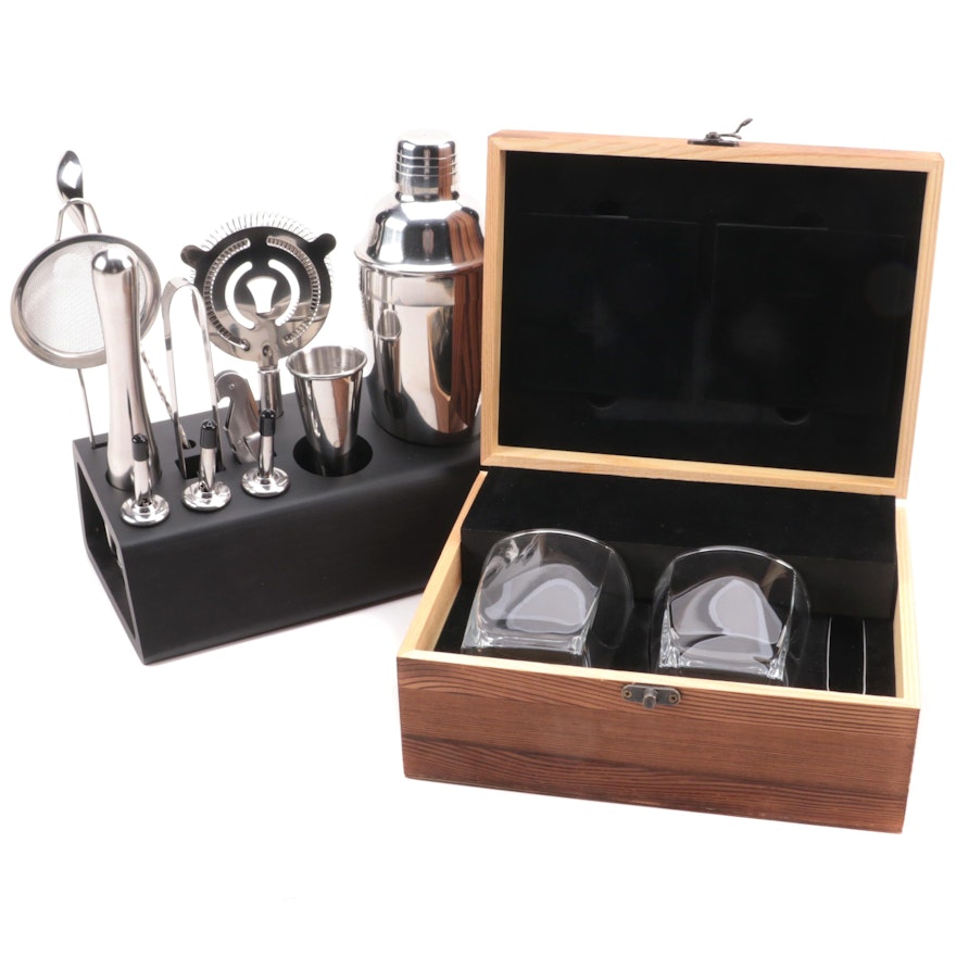 Bare Barrel Bar Tool Set with Royal Reserve Whiskey Stones and Rocks Glasses