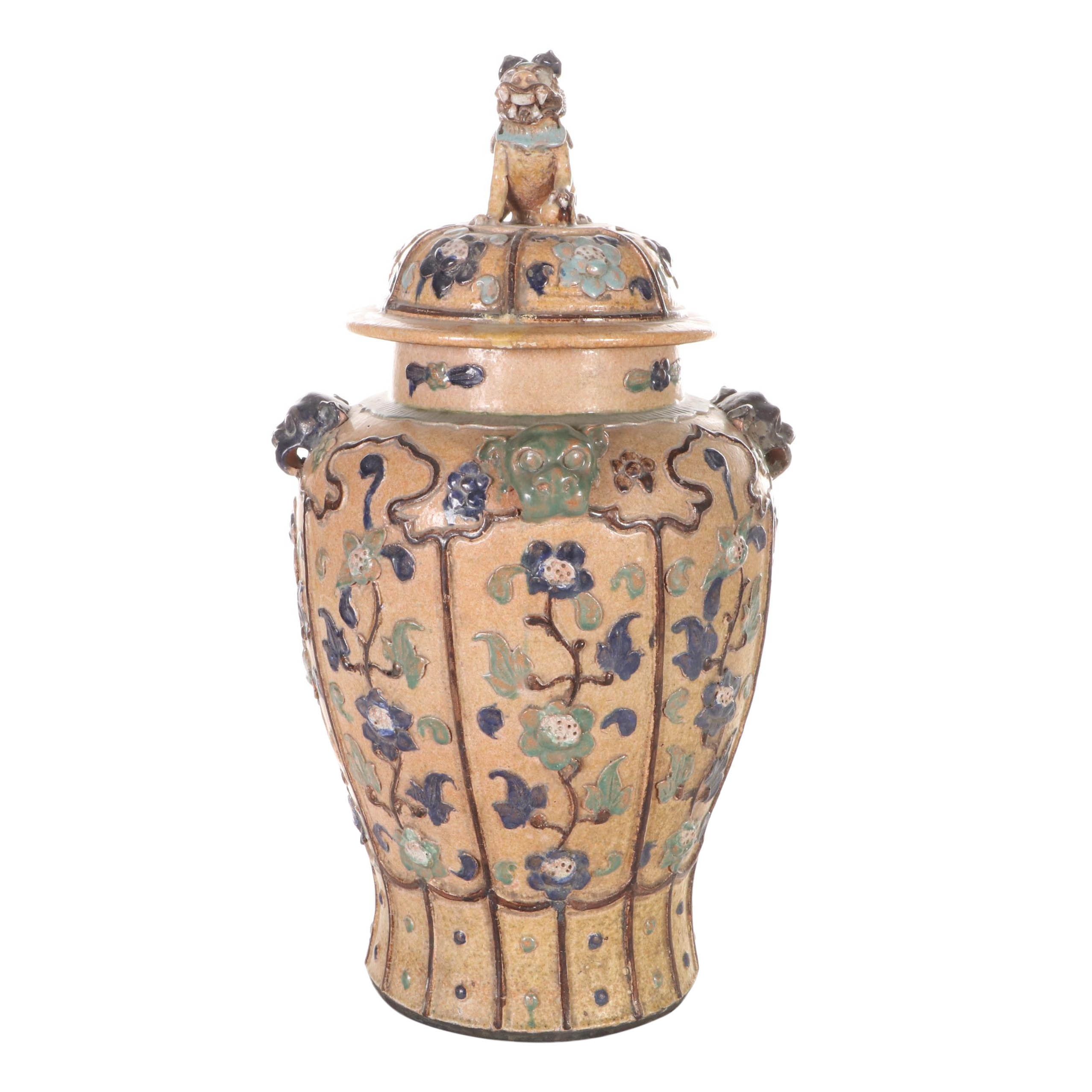 Chinese Sancai Glazed Ceramic Temple Jar with Applied Decorations