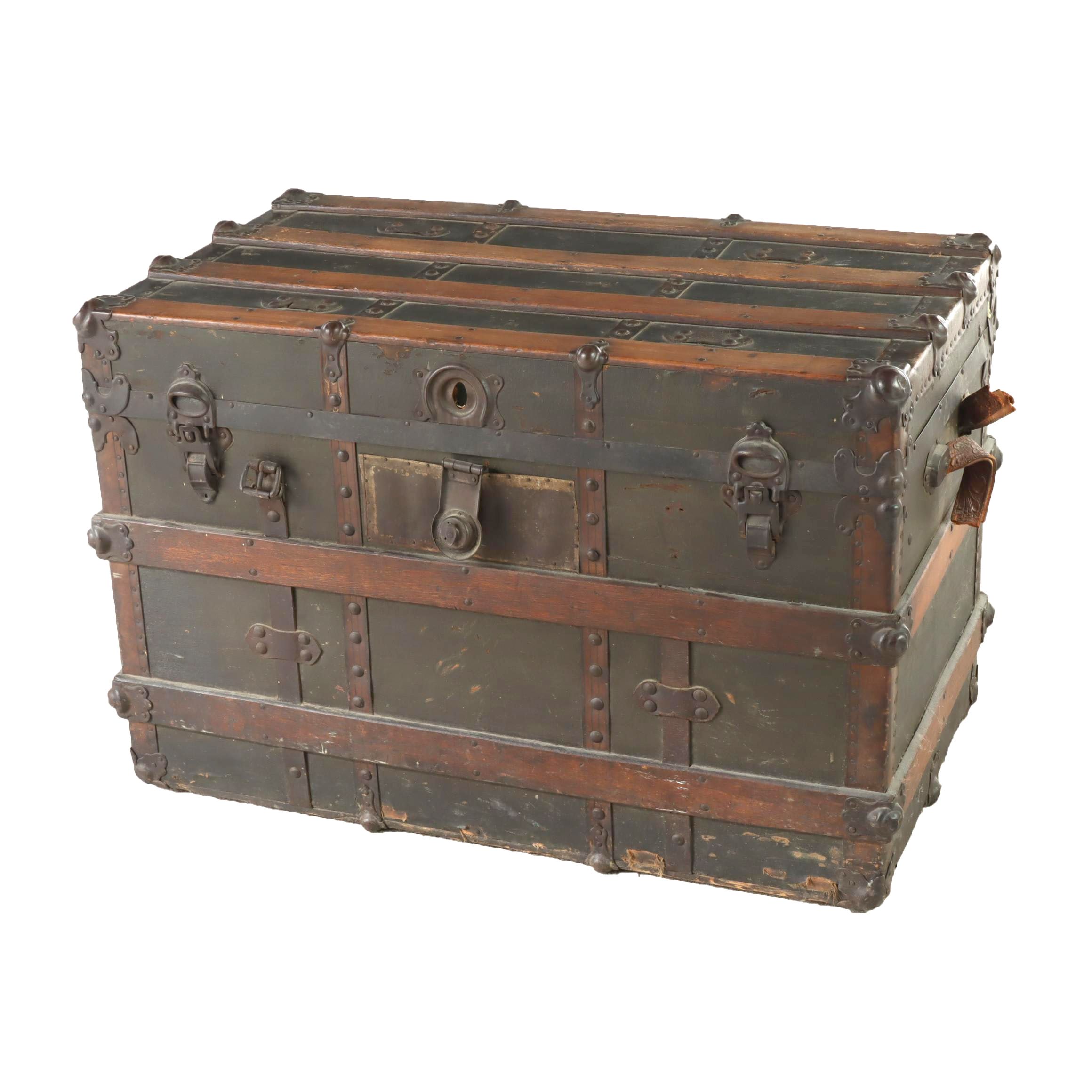 Late Victorian Metal-Mounted, Canvas-Lined, & Slatted Ash Flat Top Steamer Trunk