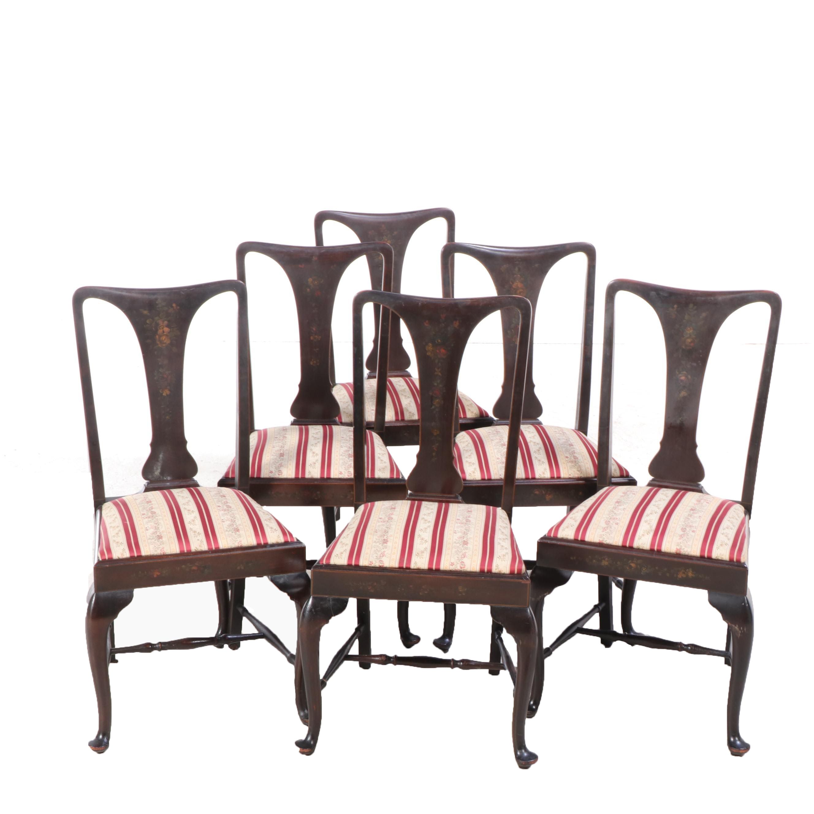 Six Queen Anne Style Mahogany and Polychromed Side Chairs, Early 20th Century