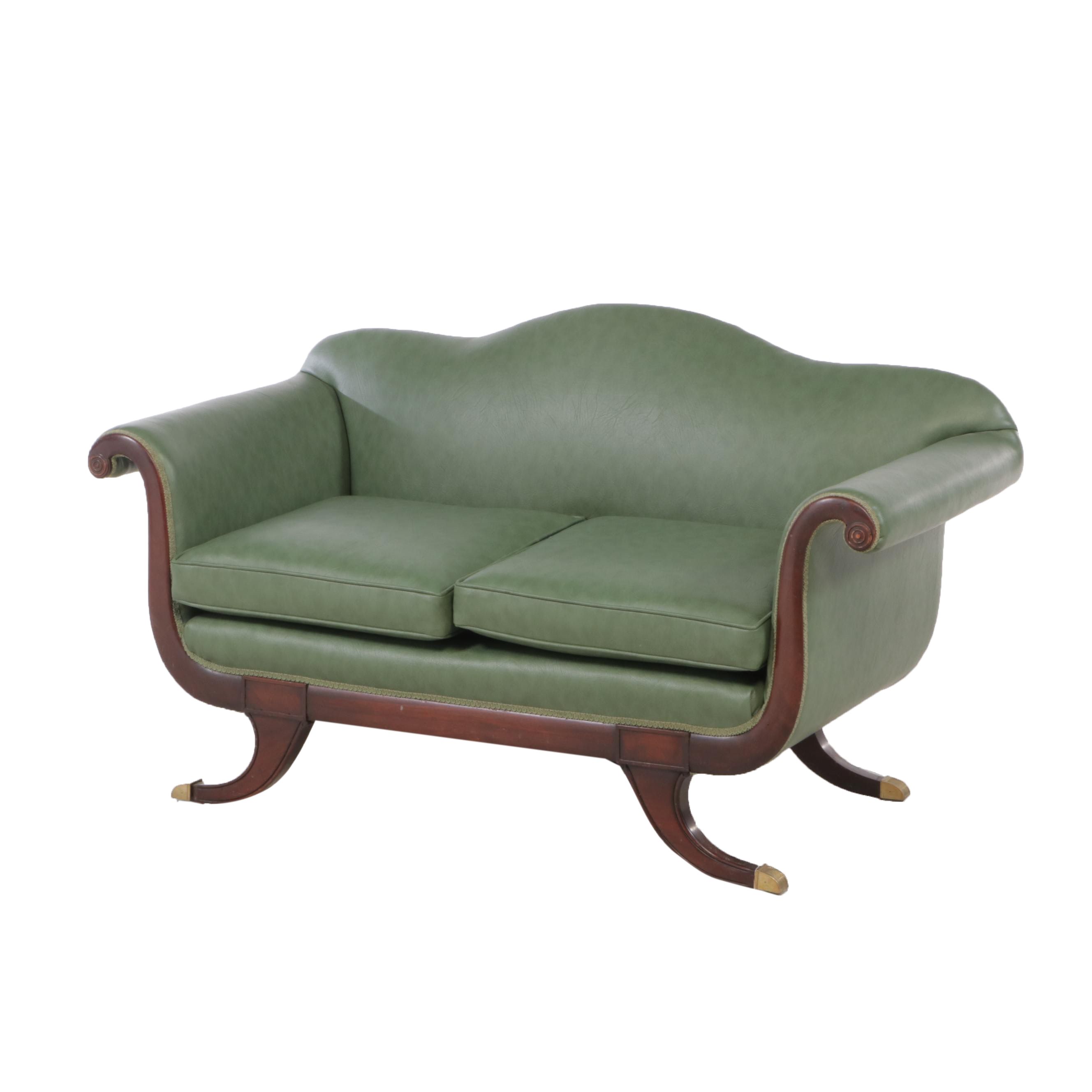 American Classical Style Mahogany and Green Vinyl Loveseat, 20th Century