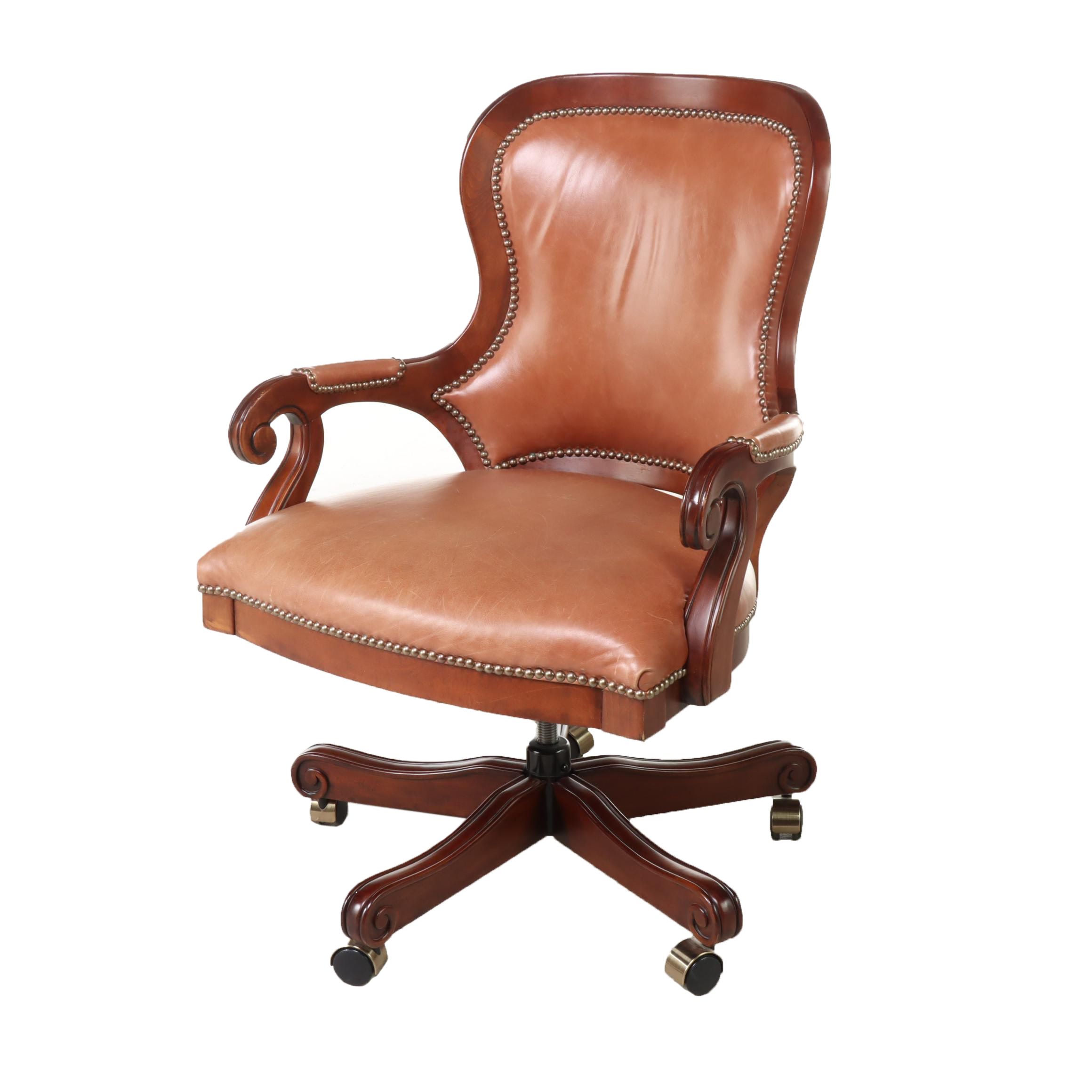 Leather-Upholstered and Brass-Tacked Wooden Swivel-Base Desk Chair