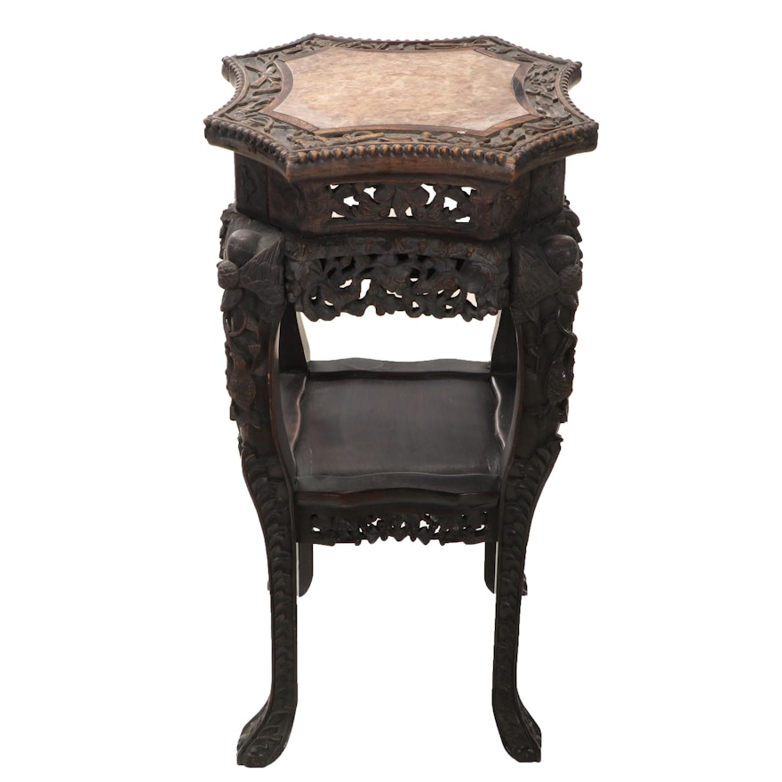 Chinese Carved Rosewood and Inset Marble Stand, Late 19th Century