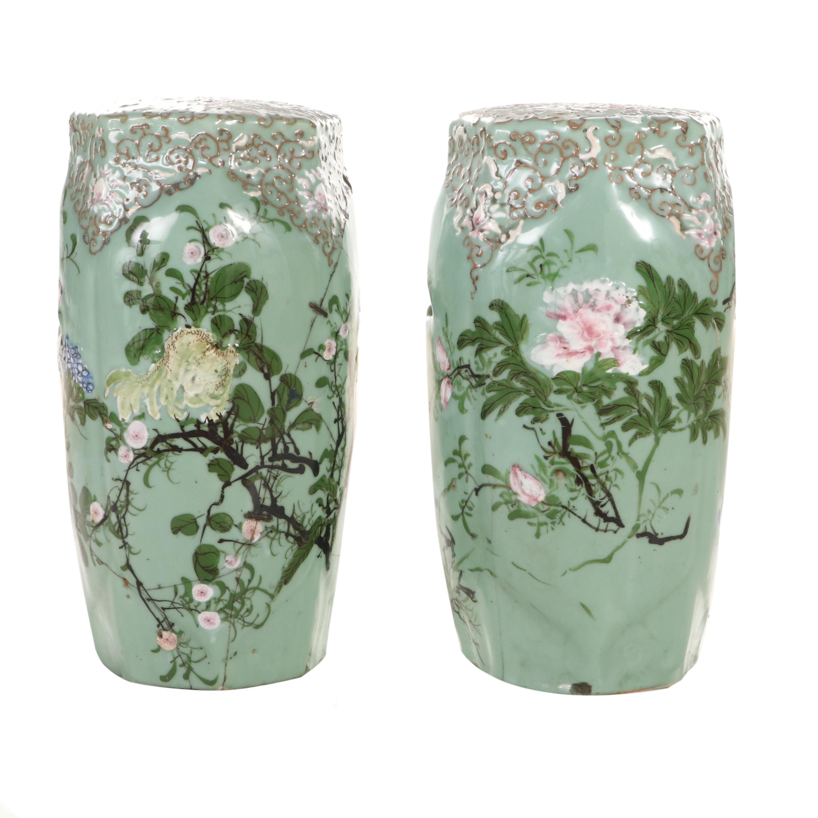 Pair of Famille Verte Applied Enamel Porcelain Garden Stools