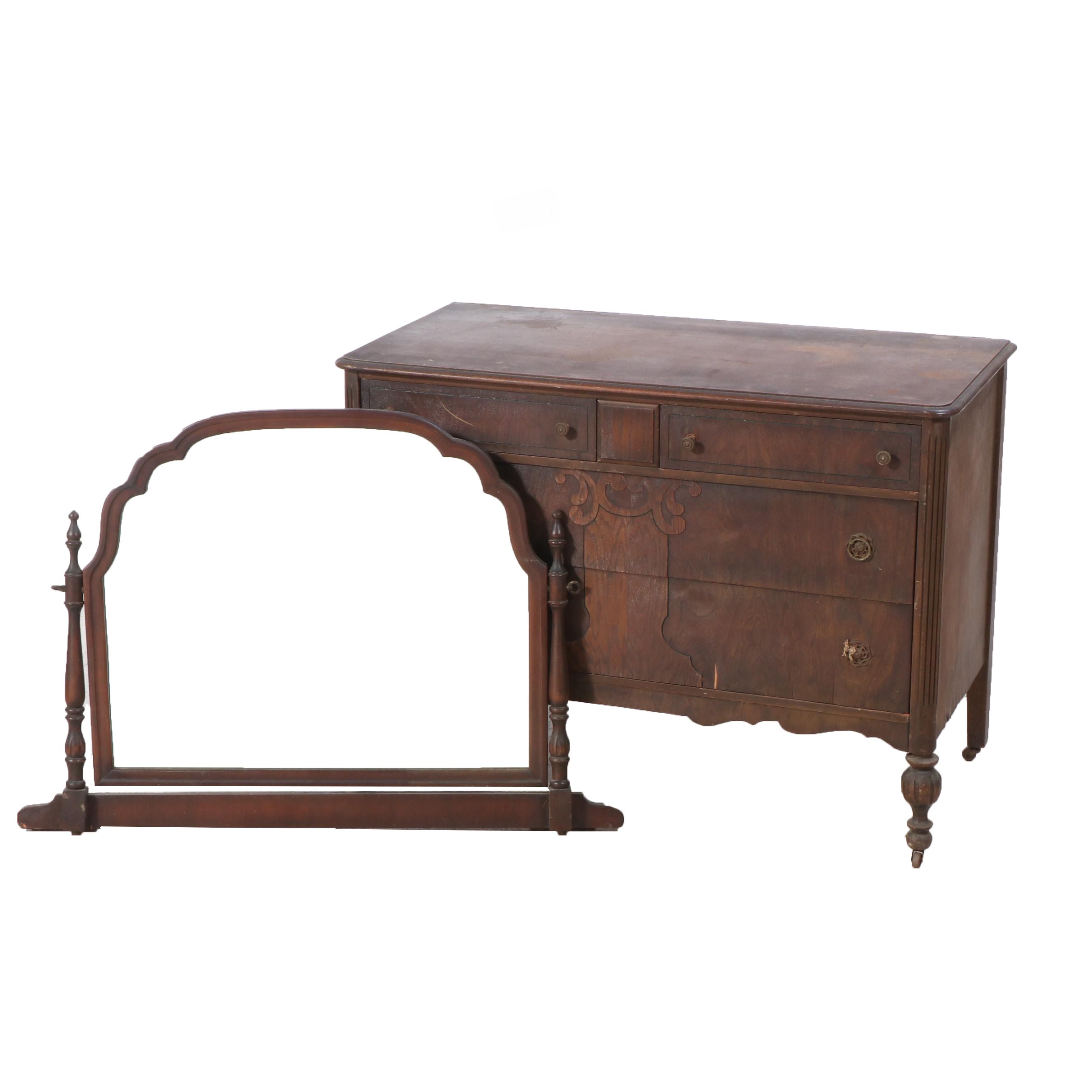 Louis XVI Style Walnut Dresser with Mirror, 1930s