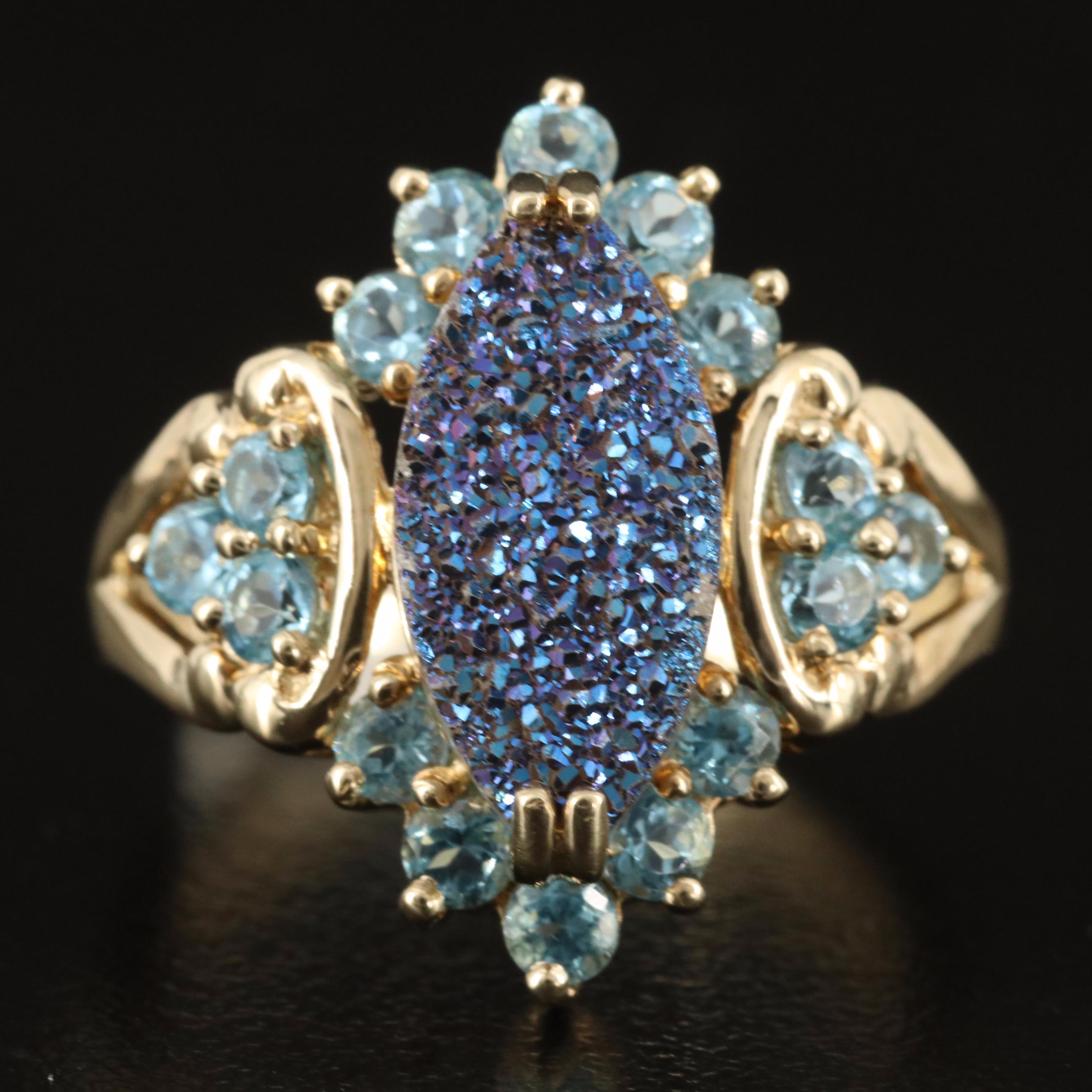 10K Druzy and Sky Blue Topaz Ring