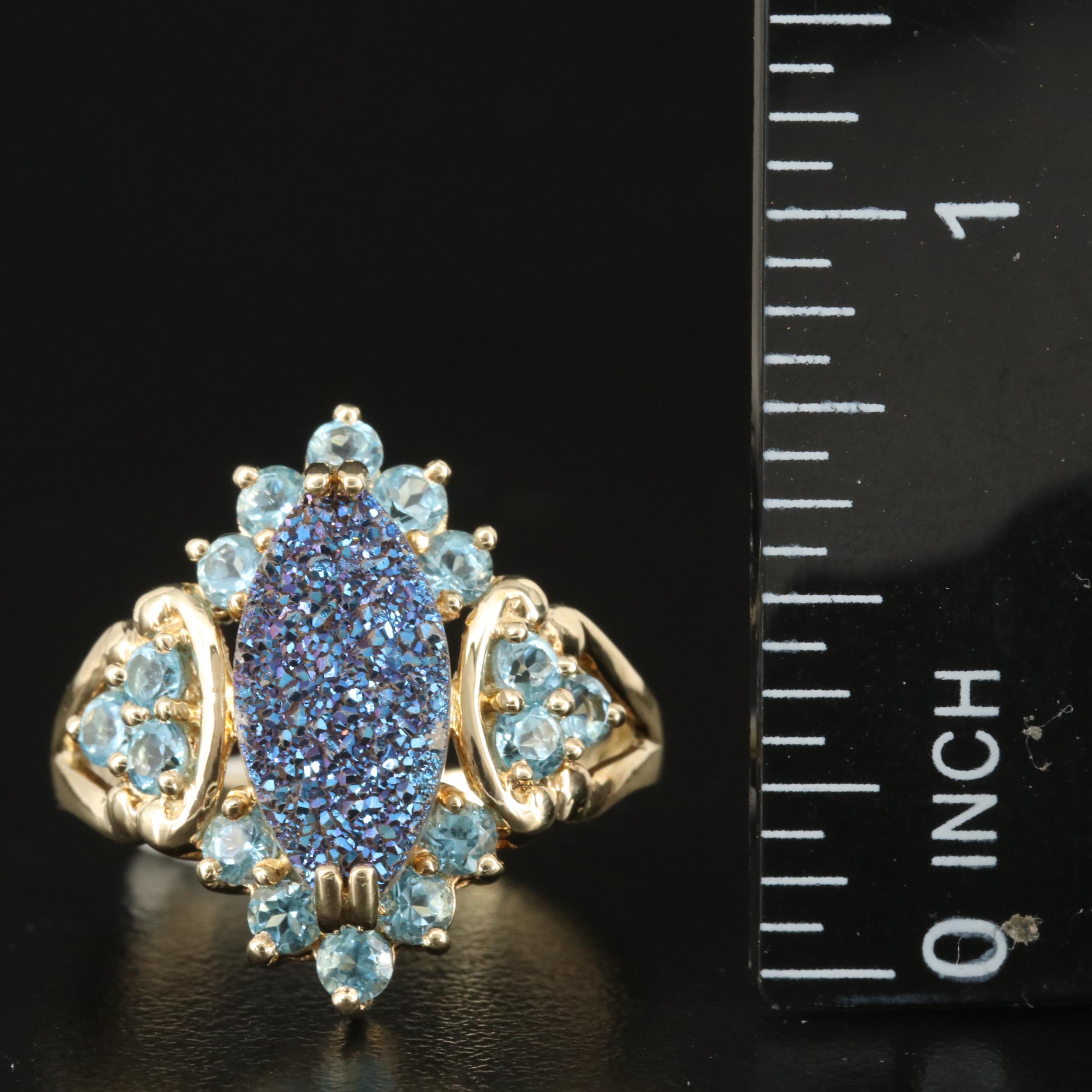10K Druzy and Sky Blue Topaz Ring