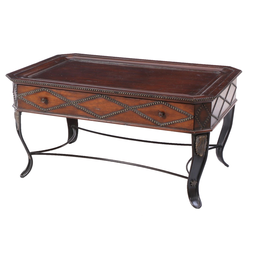 La Barge Hardwood and Patinated Metal Coffee Table with Nailheads