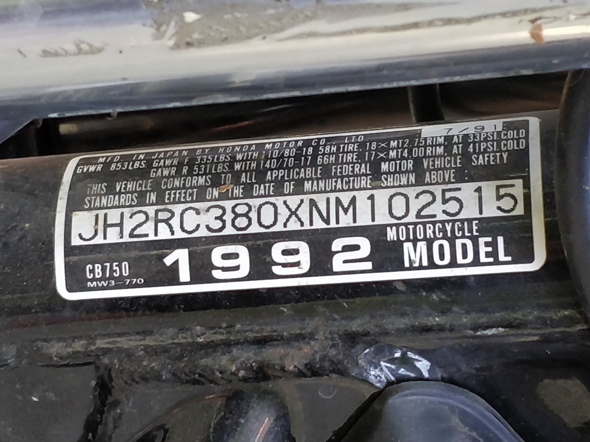 1992 Honda Nighthawk CB750 Motorcycle