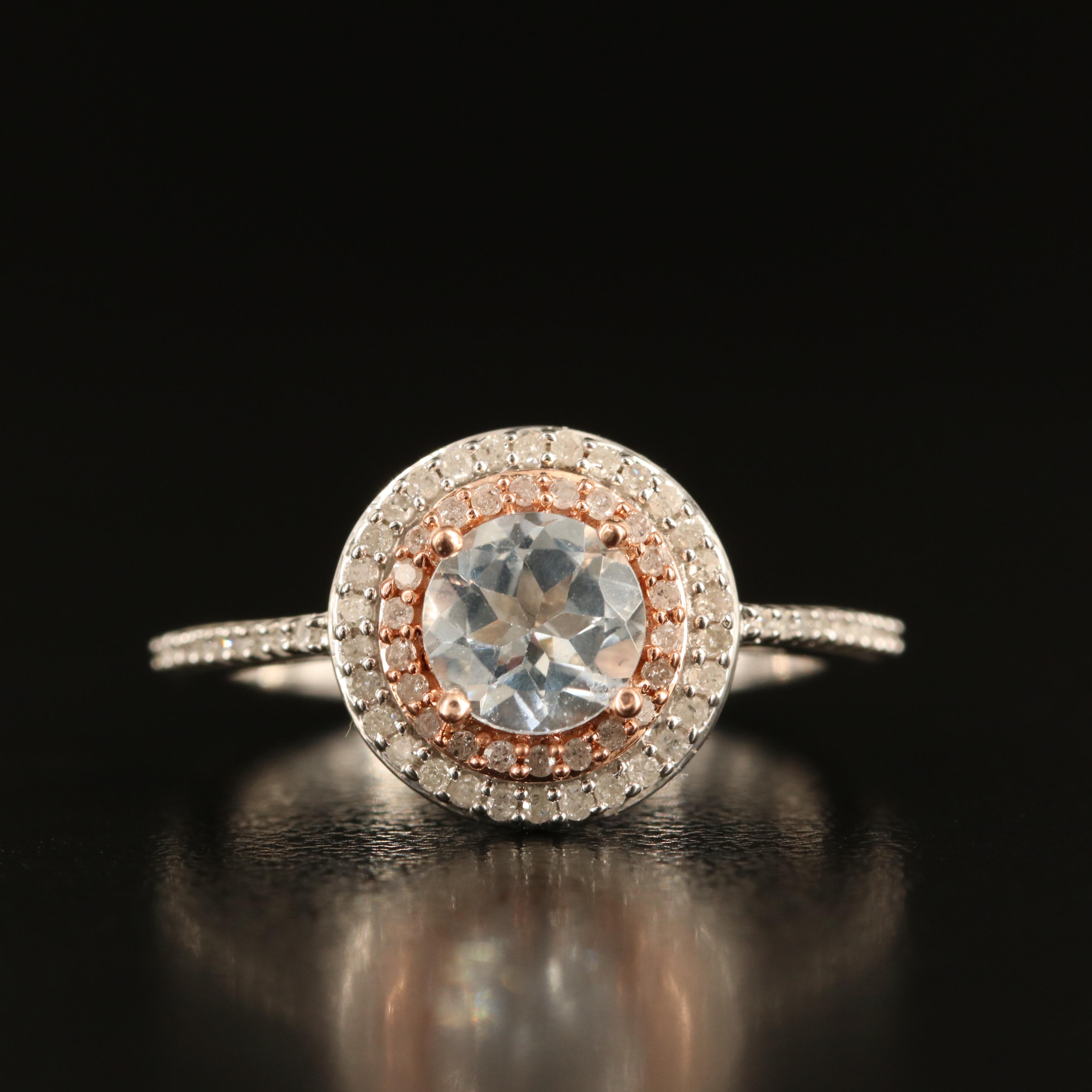 Sterling Aquamarine and Diamond Ring with 10K Rose Gold Accent