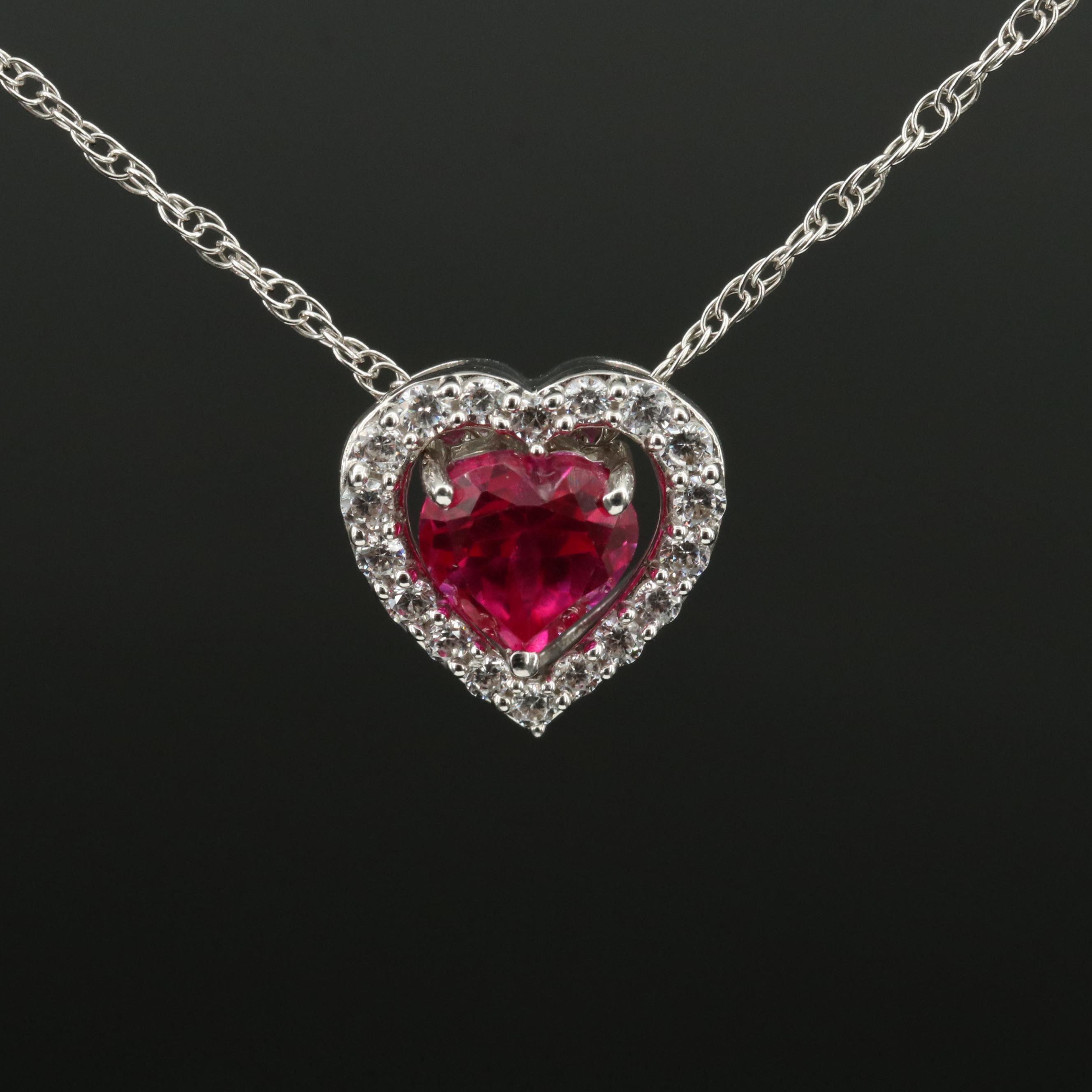 Sterling Ruby and Cubic Zirconia Heart Pendant Necklace
